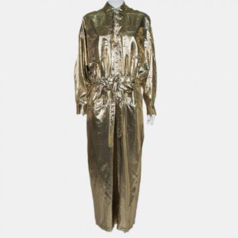 Attico Metallic Silk Belted Oversized Shirt Dress M For Sale 4