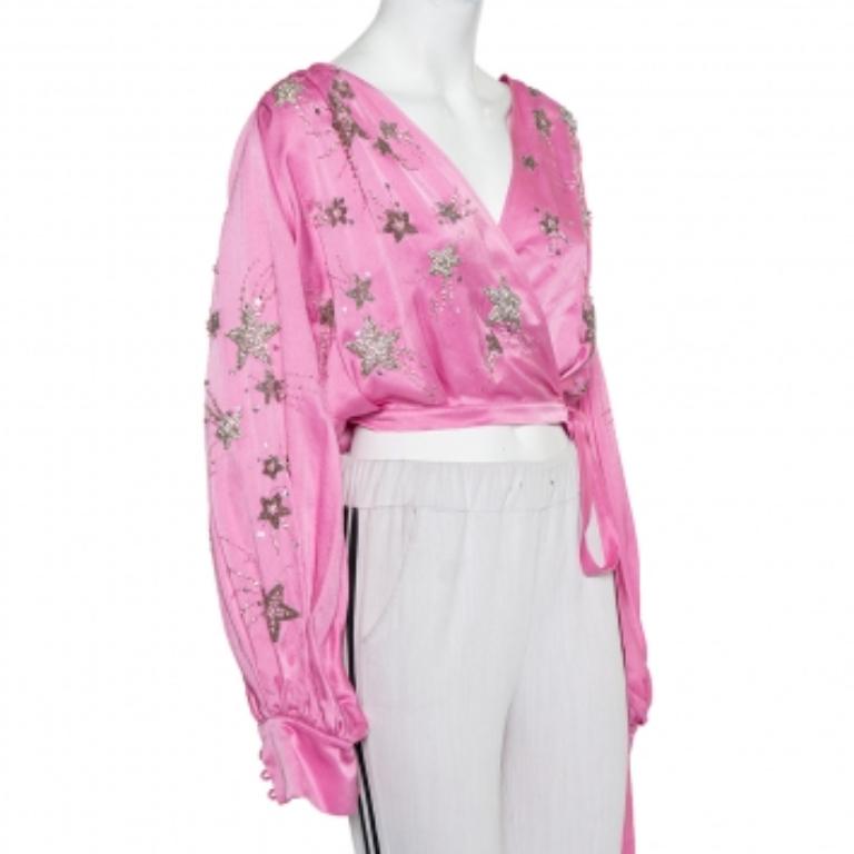 Attico Pink Satin Bead Embellished Wrap Blouse S In Fair Condition For Sale In Dubai, Al Qouz 2