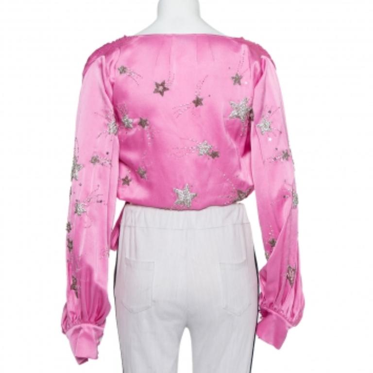 Women's Attico Pink Satin Bead Embellished Wrap Blouse S For Sale