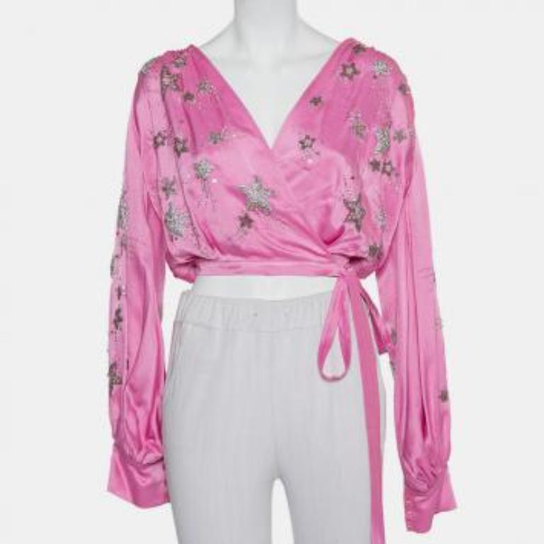 Attico Pink Satin Bead Embellished Wrap Blouse S For Sale 5