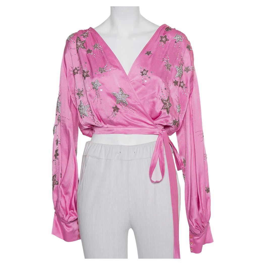 Attico Pink Satin Bead Embellished Wrap Blouse S For Sale