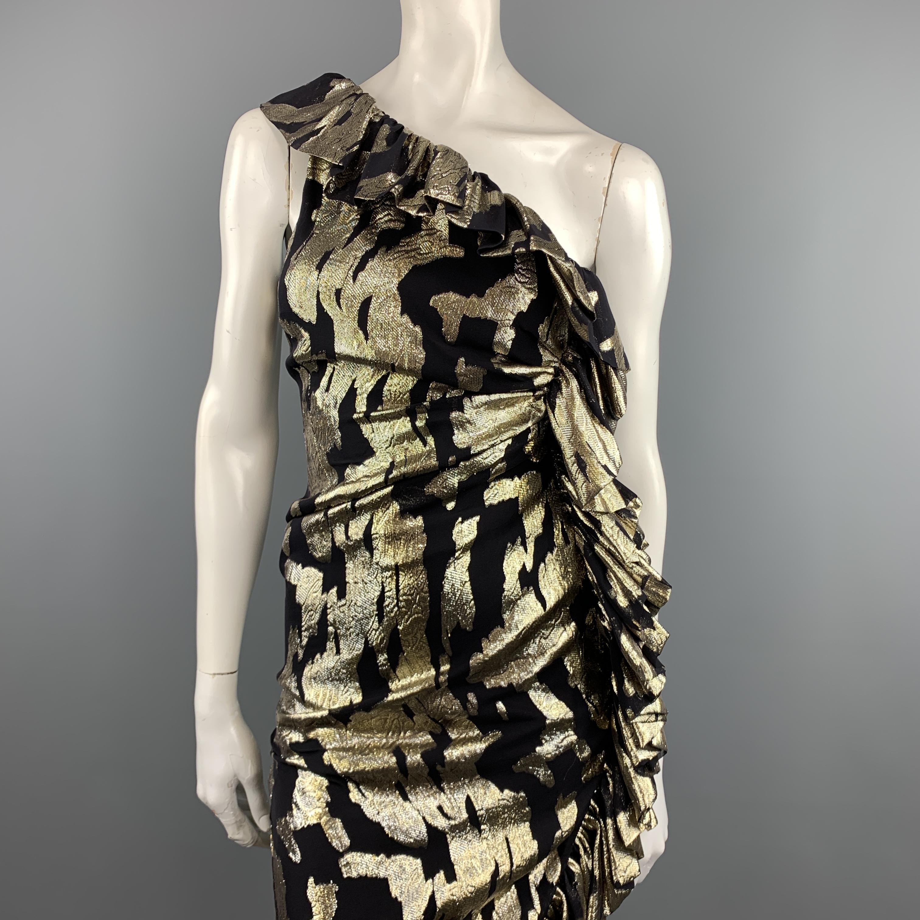 ATTICO cocktail dress comes in black silk chiffon with metallic gold foil print throughout and features a one shoulder neckline, asymmetrical rushed hem line, and ruffled trim. Made in Italy.

New with Tags. Retails: $1,420.00.
Marked: IT