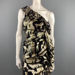 ATTICO Size 0 Black & Gold Silk Blend Metallic One Shoulder Ruffle Cocktail Dres