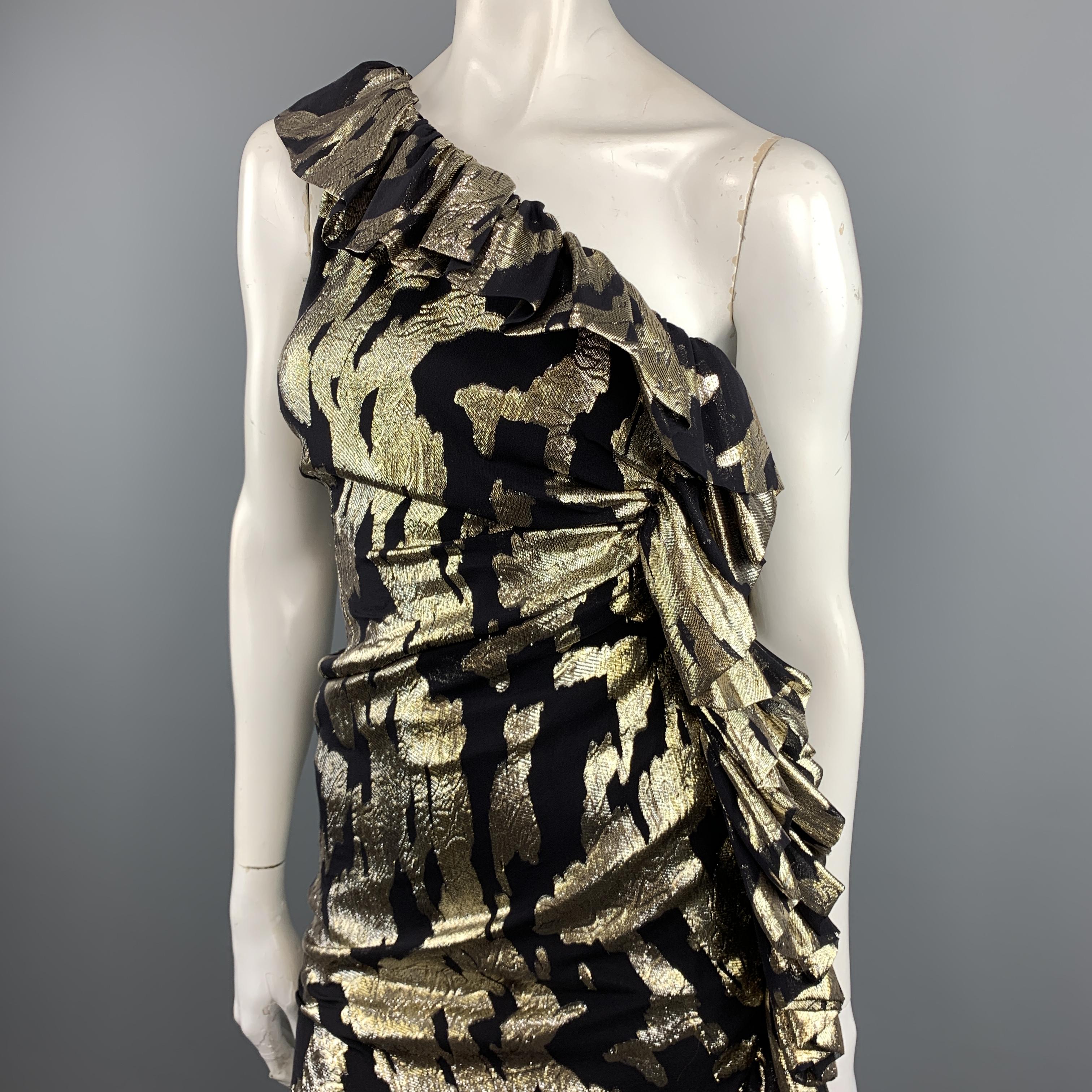 ATTICO Size 0 Black & Gold Silk Blend Metallic One Shoulder Ruffle Cocktail Dres In New Condition In San Francisco, CA