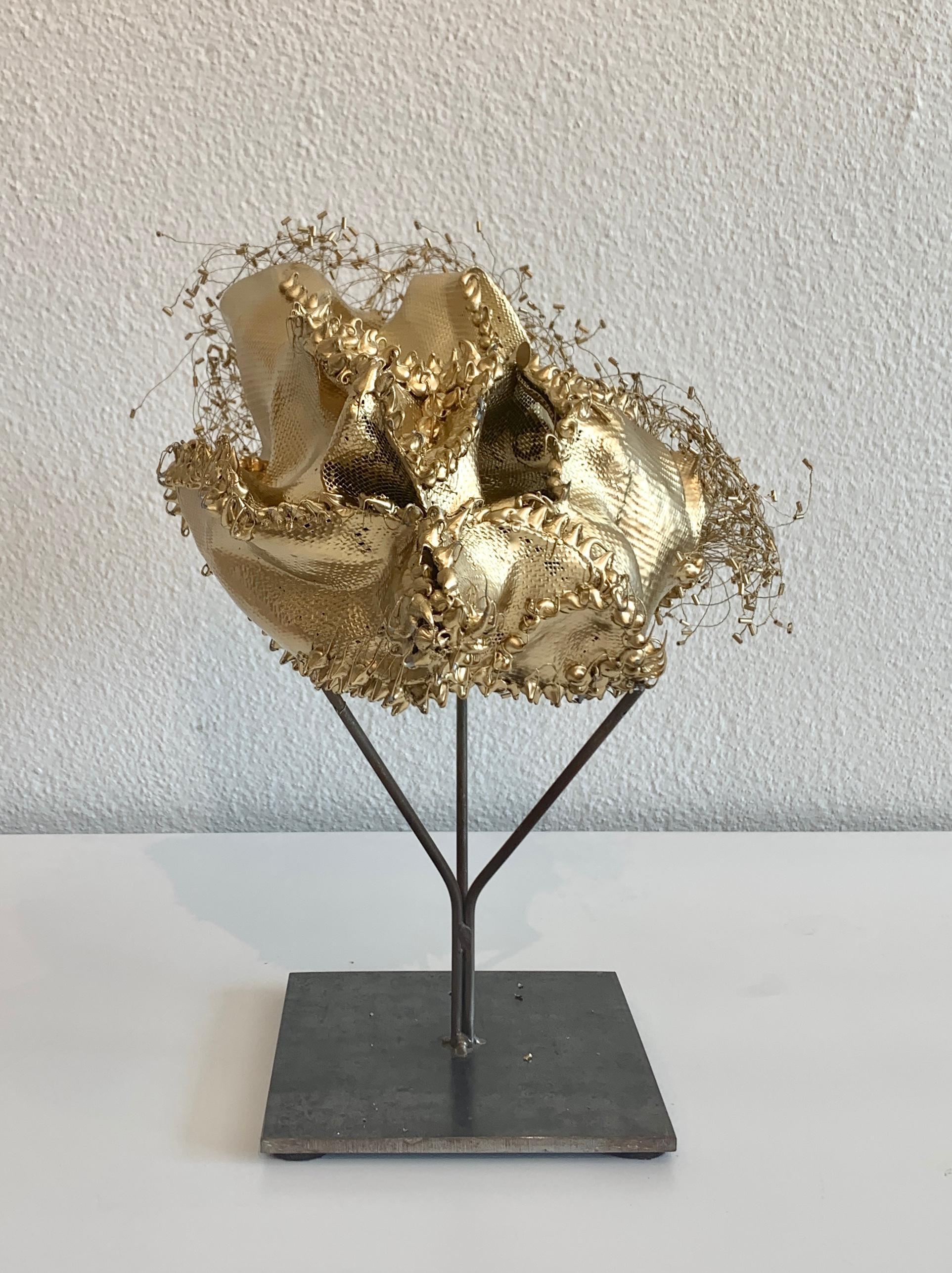 The Gathering Gilded, Atticus Adams Gold Metal Mesh Standing Sculpture with Black Stand

Metal fiber sculpture that incorporates fascinating light and shadow into its form.
​​
From Atticus Adams:
​
“I like to think of my work as Neo-Appalachian Folk