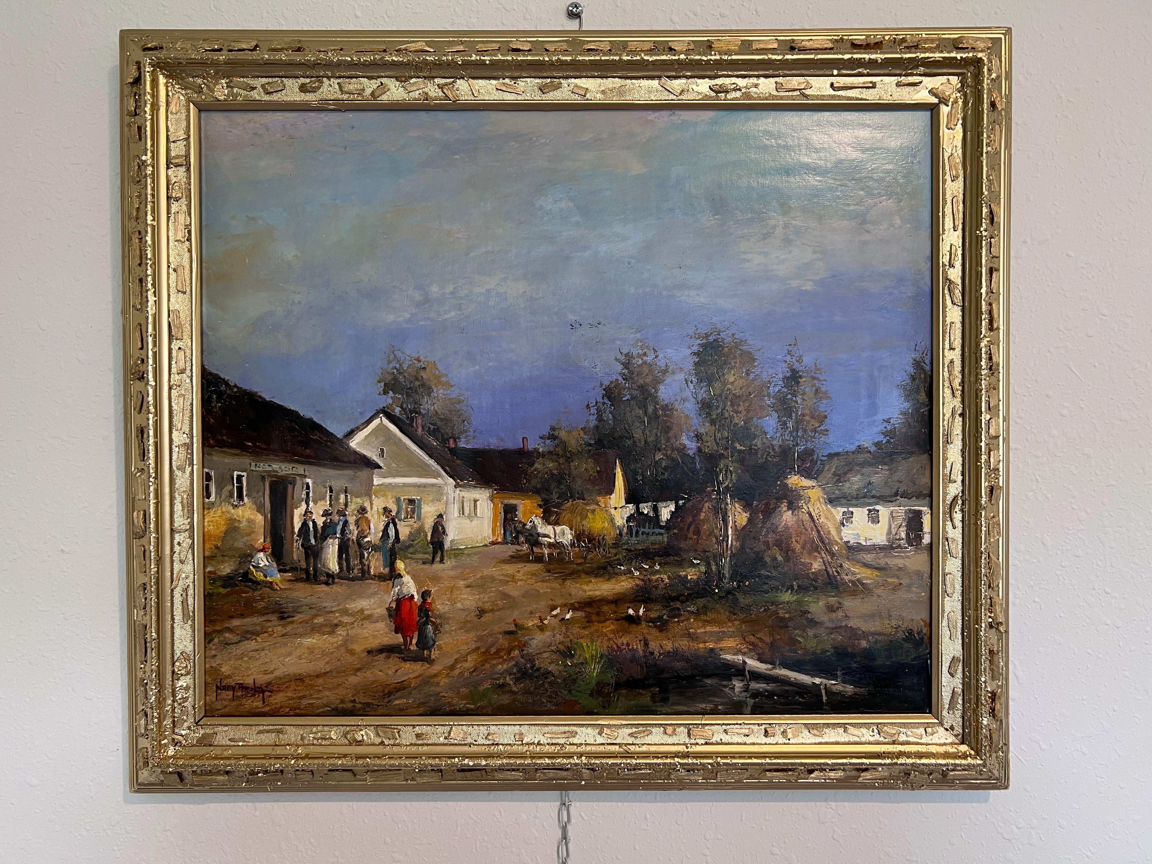 Attila Nagy (Húngaro, n.1928) Óleo sobre lienzo , Paisaje de granja, Enmarcado en venta 1