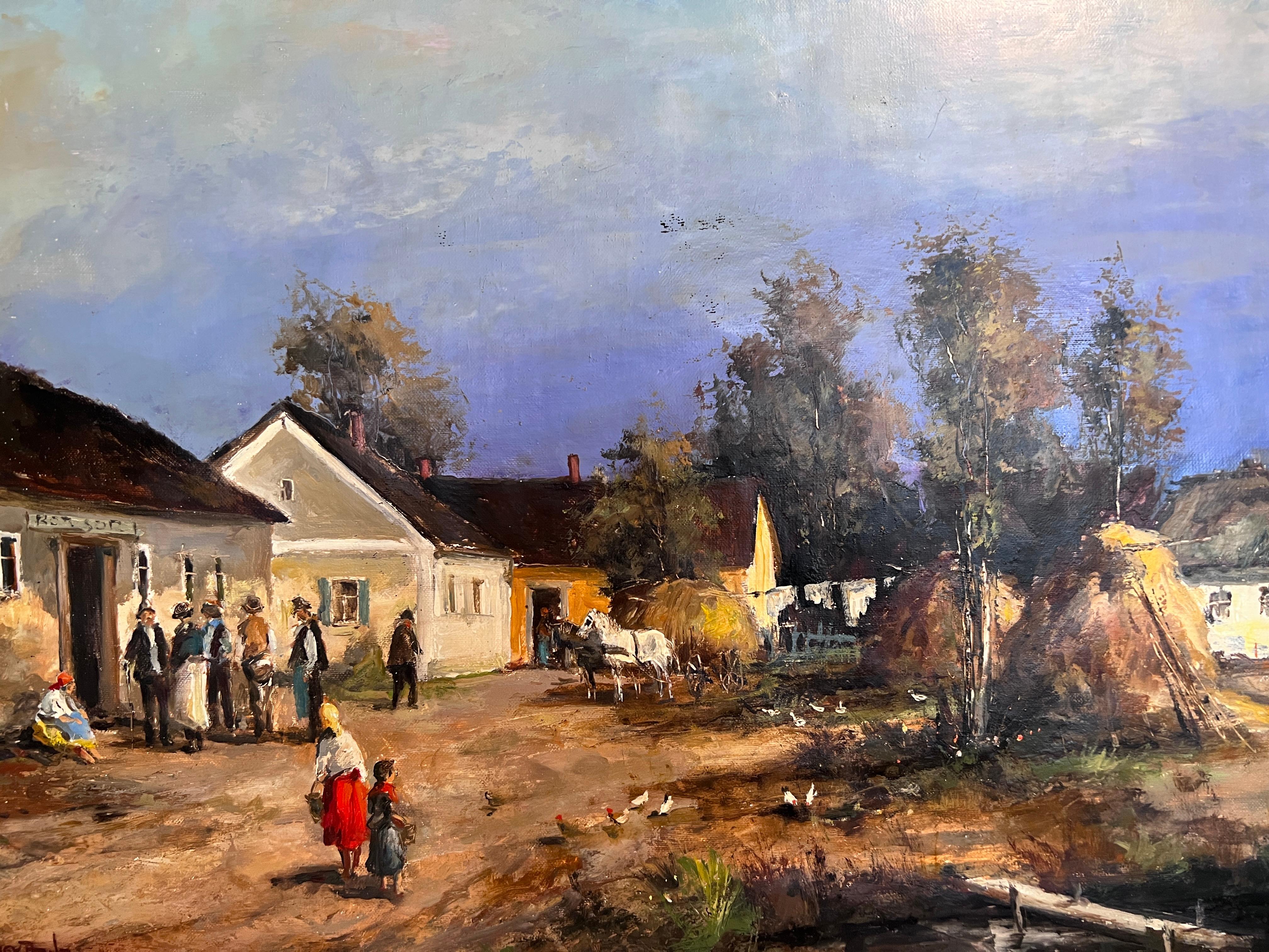 Attila Nagy (Húngaro, n.1928) Óleo sobre lienzo , Paisaje de granja, Enmarcado en venta 2