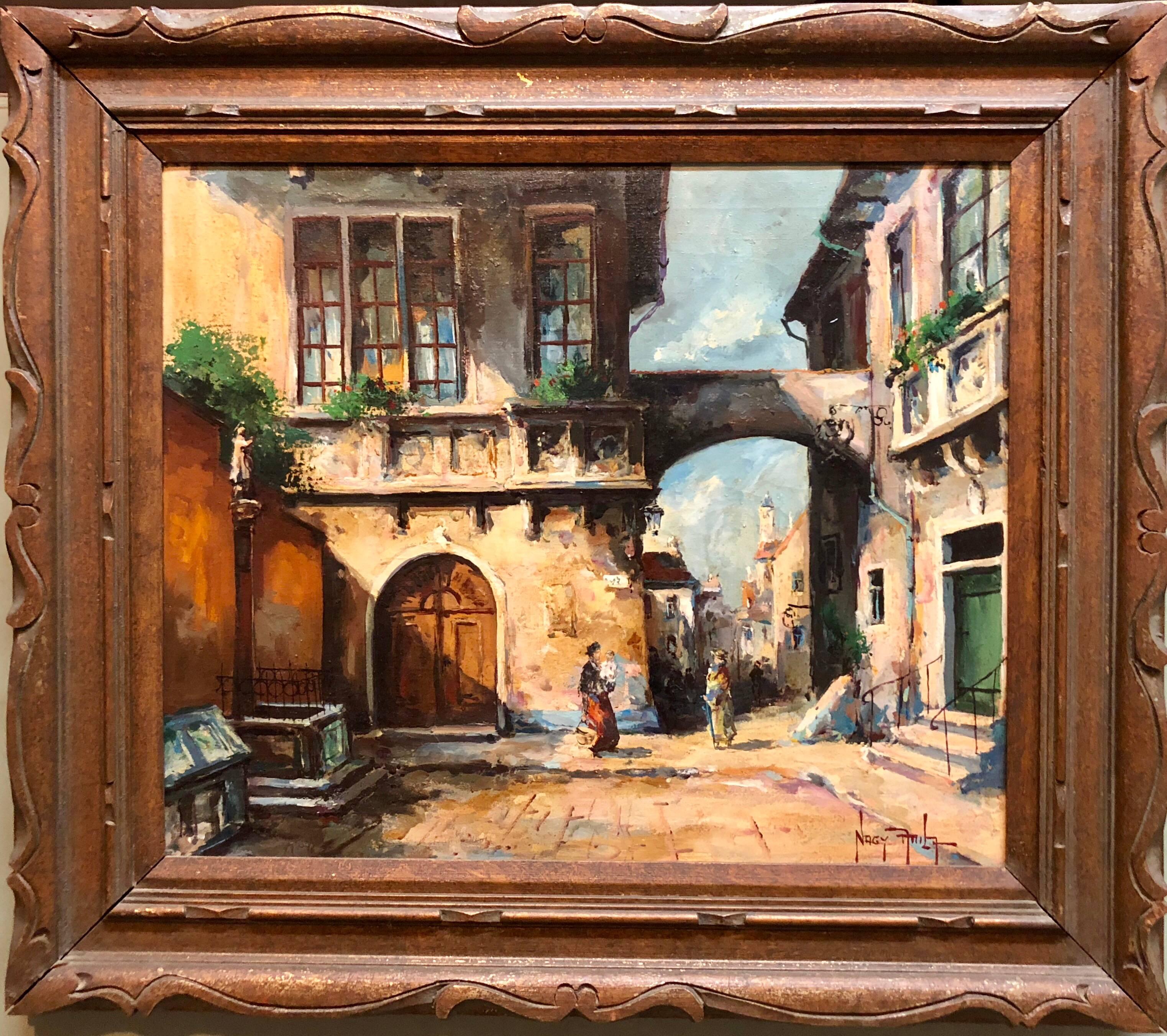 Attila Nagy Landscape Painting - Hungarian Oil Painting 'Italian Street Scene' in Carved Frame