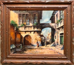 Hungarian Oil Painting 'Italian Street Scene' in Carved Frame