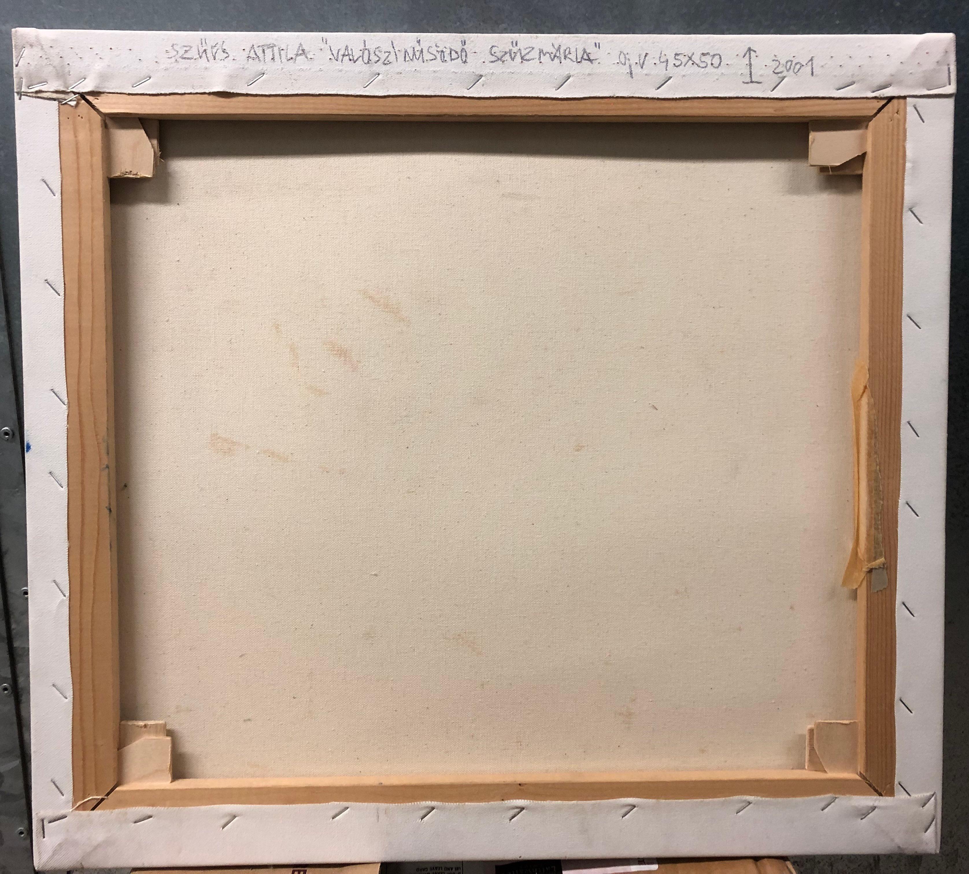 Figuratives surrealistisches Landschaftsstillleben der Jungfrau Maria des zeitgenössischen ungarischen Künstlers Attila Szűcs. 

Das Gemälde zeigt eine Statue der Jungfrau Maria in einer verschwommenen, abstrakten Gartenlandschaft.

Attila Szűcs