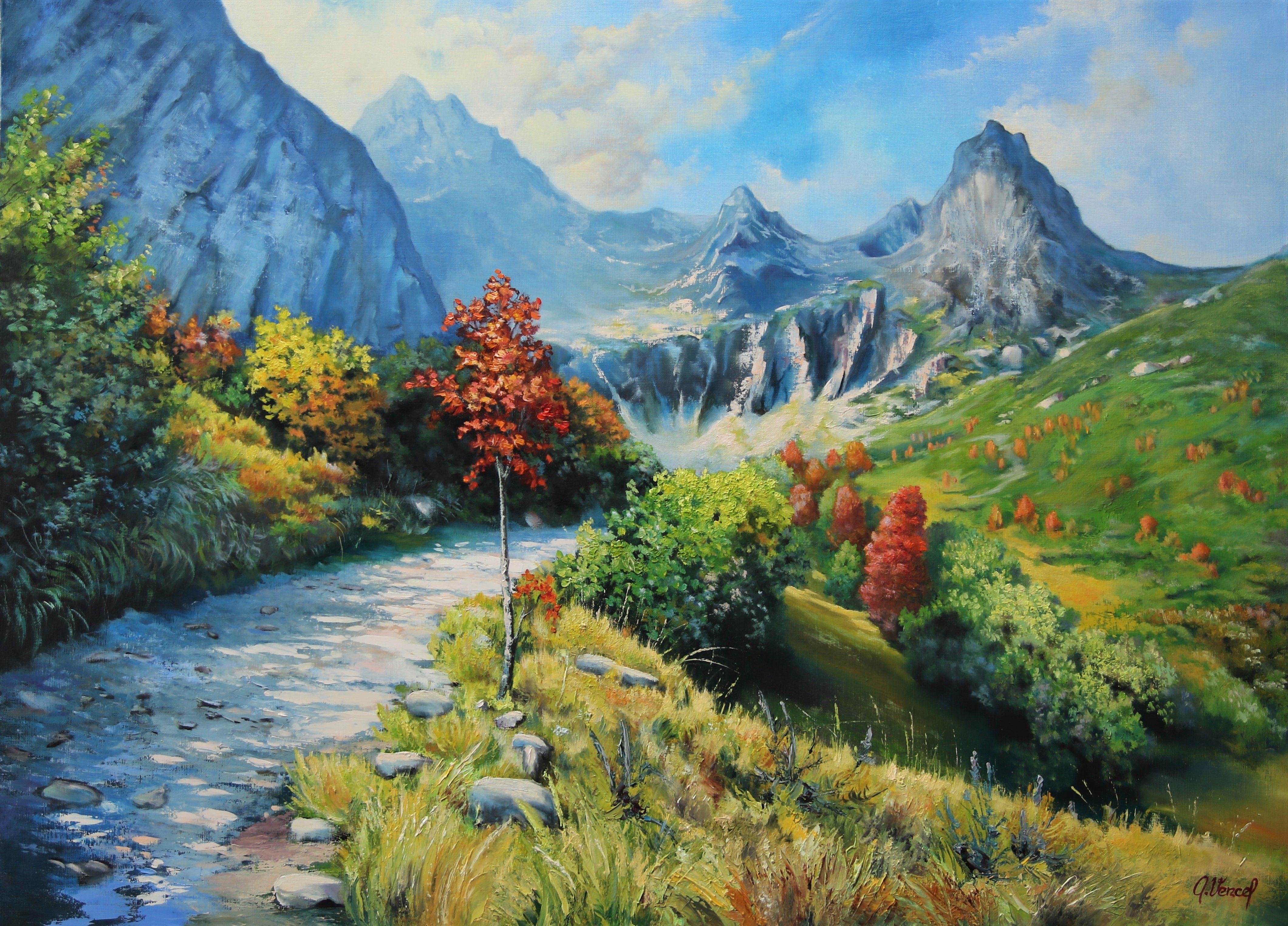 Peinture - Paysage de montagne, huile sur toile