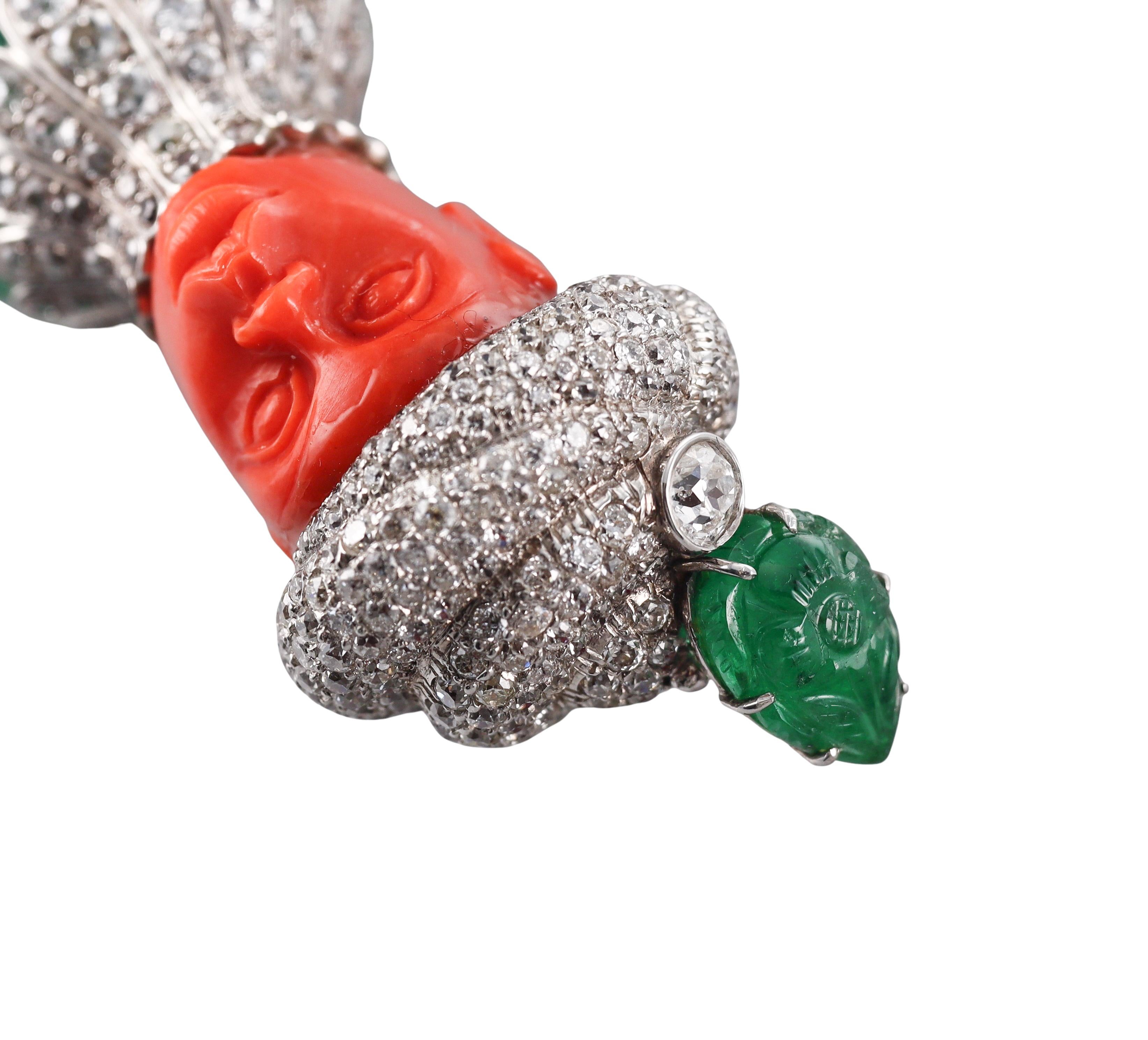 Round Cut Attilio Codognato 200 Carat Carved Emerald Coral Diamond Gold Brooch Pendant For Sale