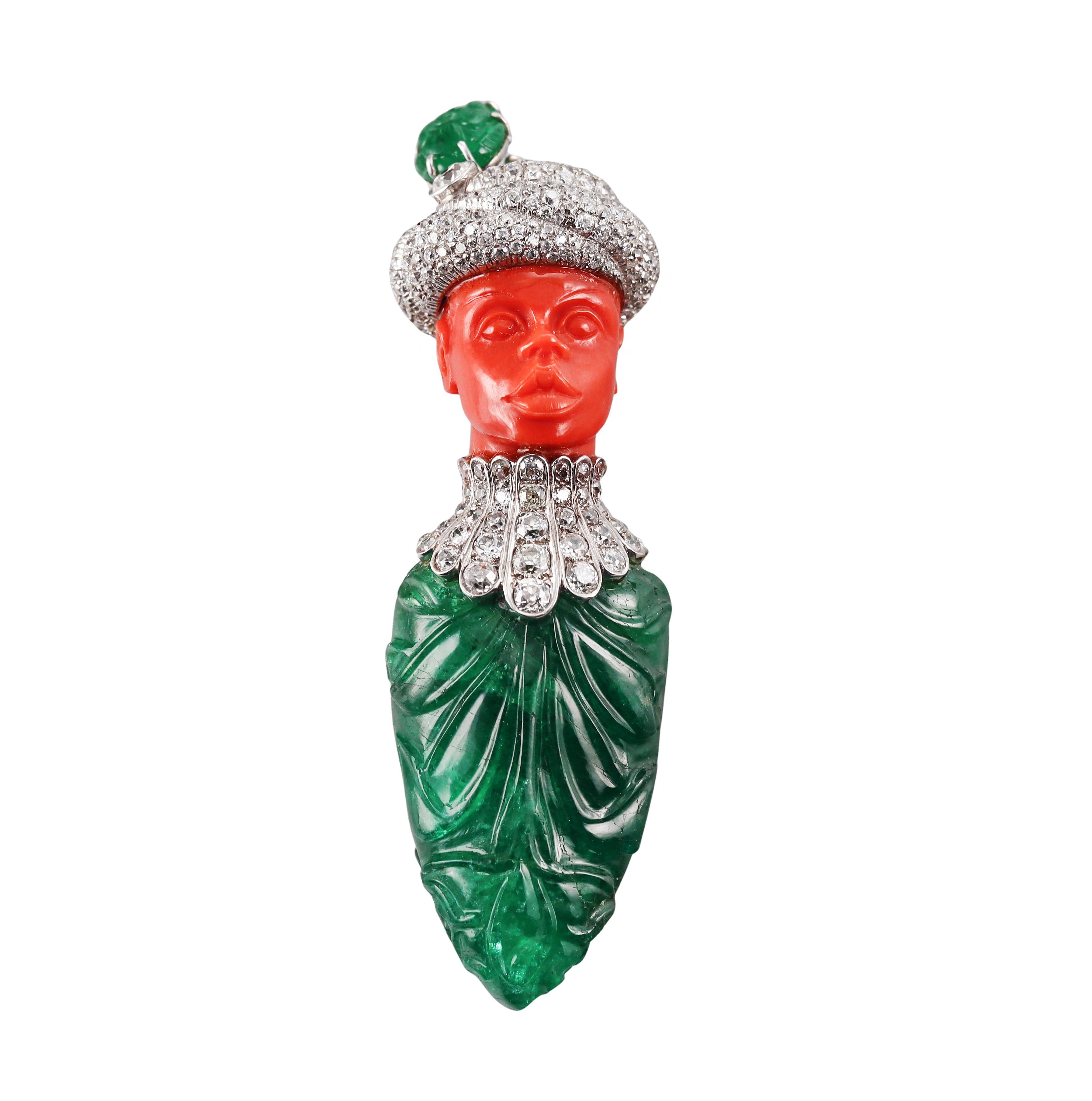 Attilio Codognato 200 Carat Carved Emerald Coral Diamond Gold Brooch Pendant In Excellent Condition For Sale In New York, NY