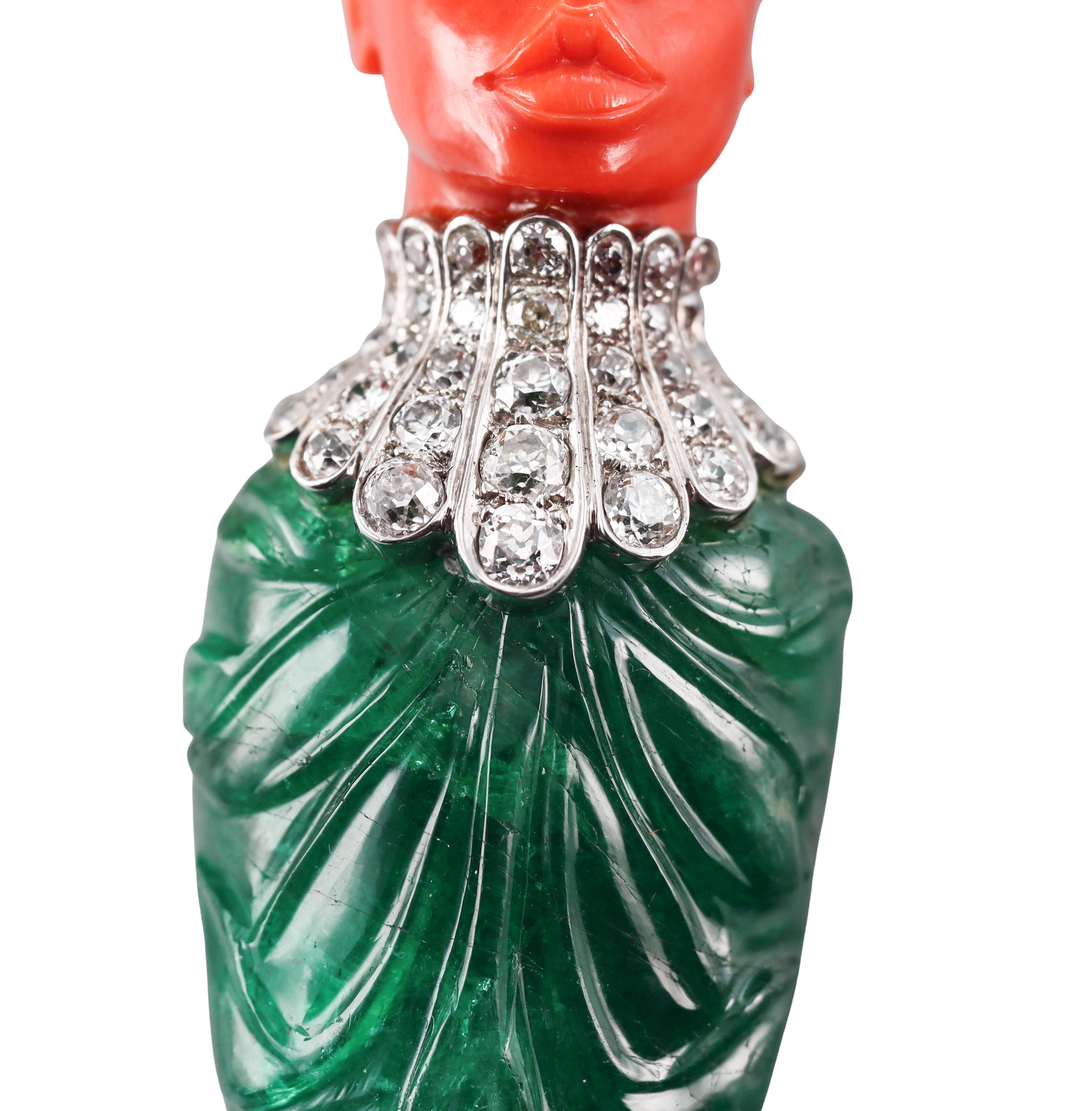 Women's or Men's Attilio Codognato 200 Carat Carved Emerald Coral Diamond Gold Brooch Pendant For Sale