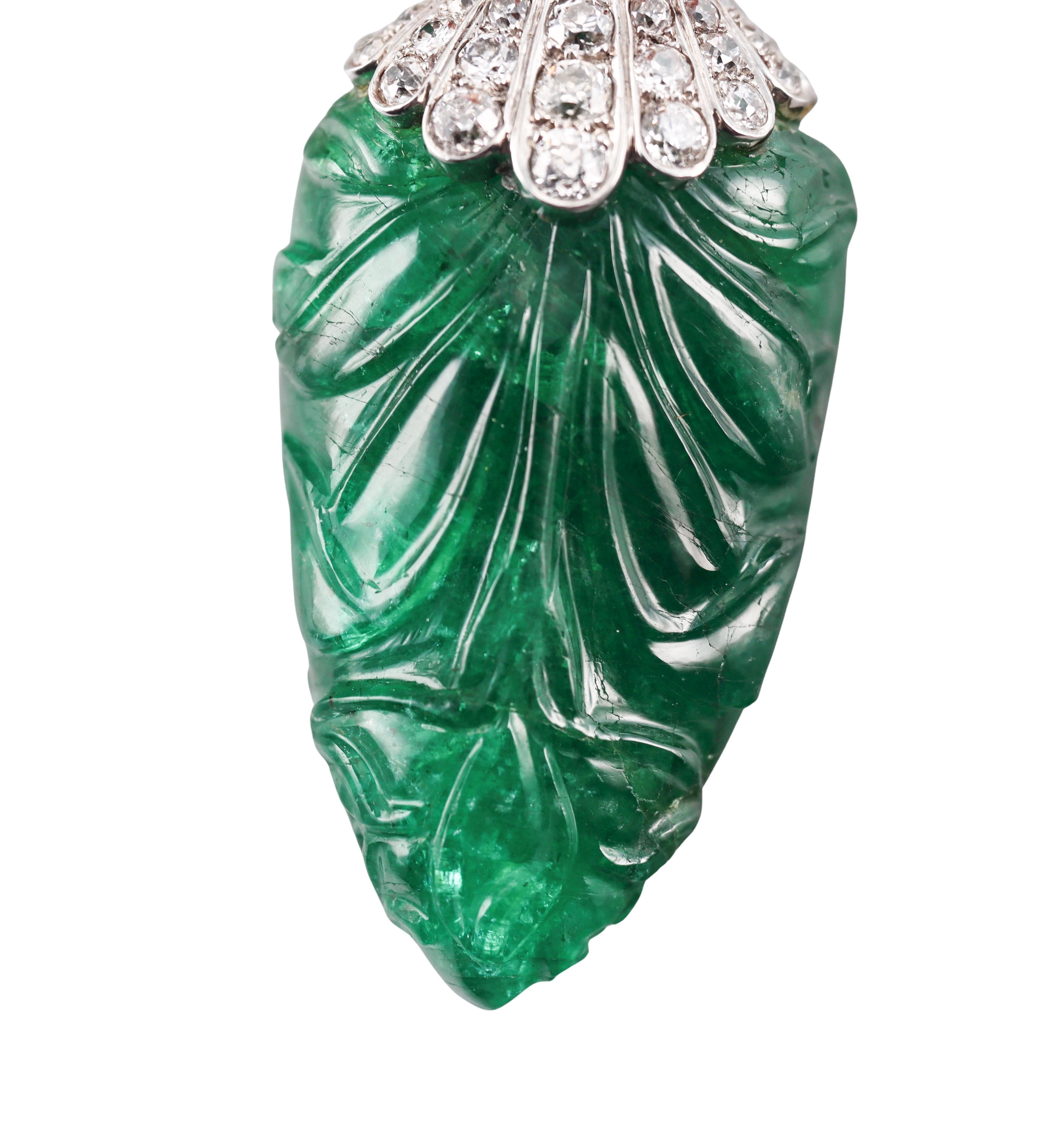 Attilio Codognato 200 Carat Carved Emerald Coral Diamond Gold Brooch Pendant For Sale 1