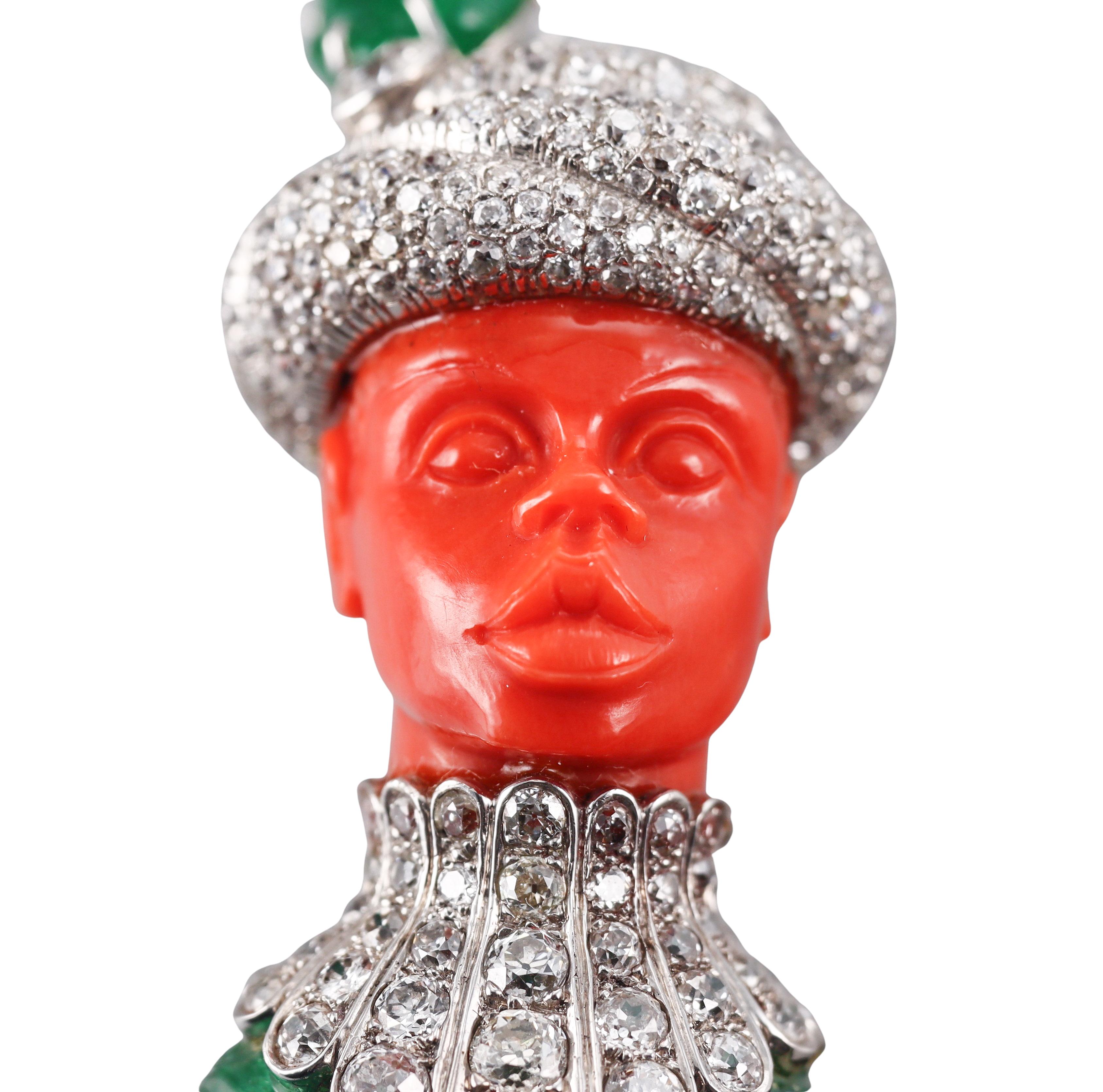 Attilio Codognato 200 Carat Carved Emerald Coral Diamond Gold Brooch Pendant For Sale 2
