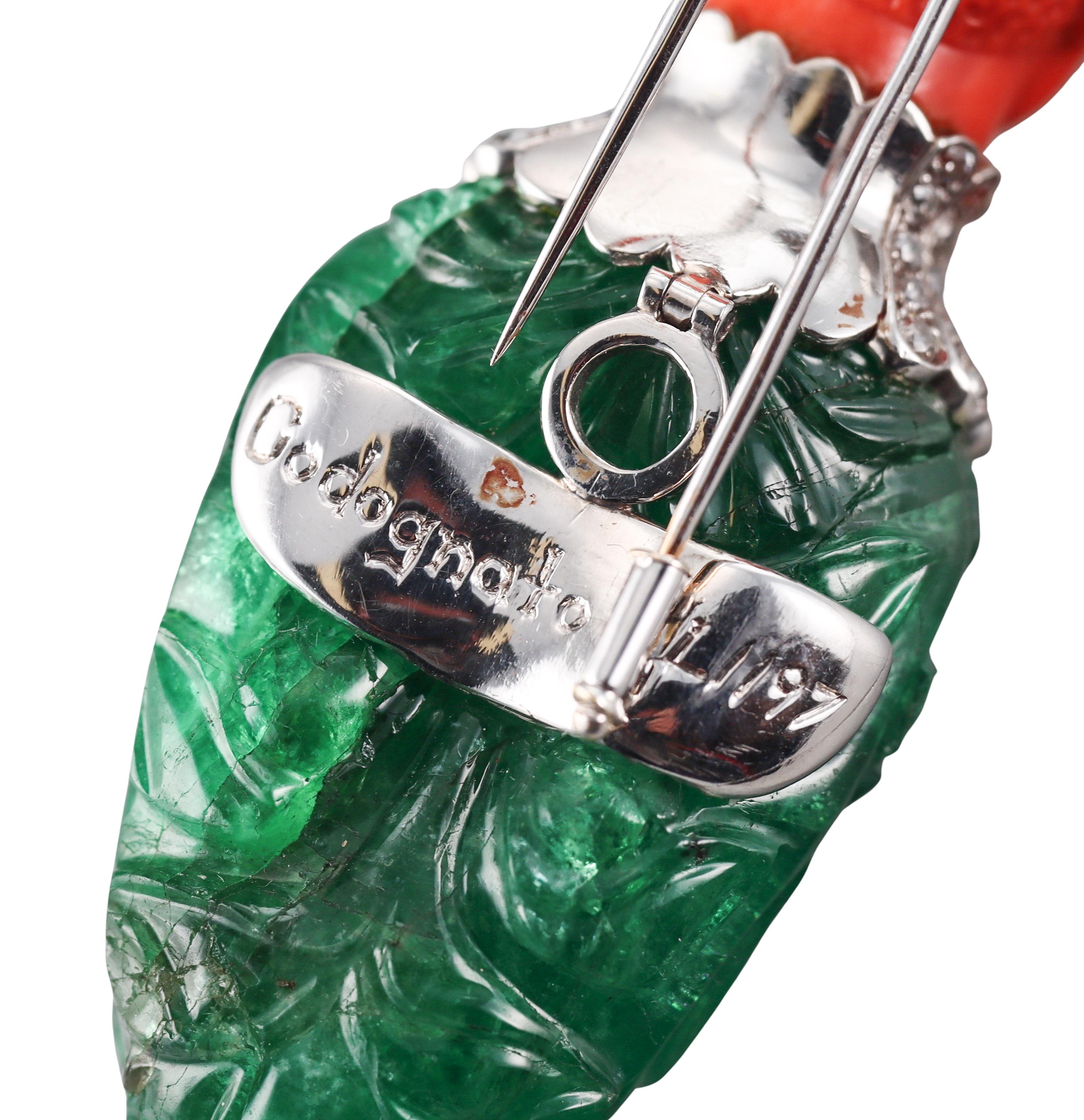 Attilio Codognato 200 Carat Carved Emerald Coral Diamond Gold Brooch Pendant For Sale 4