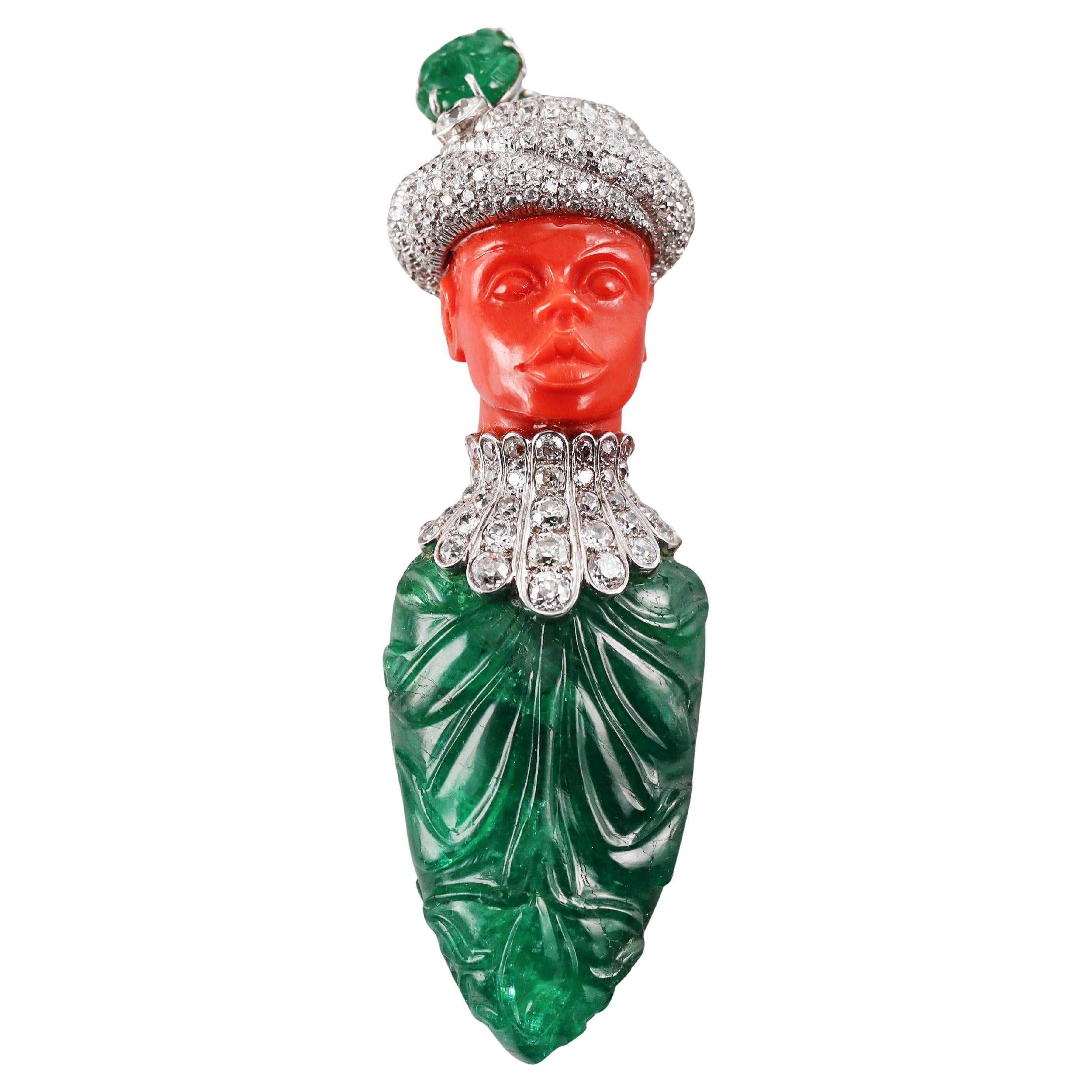 Attilio Codognato 200 Carat Carved Emerald Coral Diamond Gold Brooch Pendant For Sale