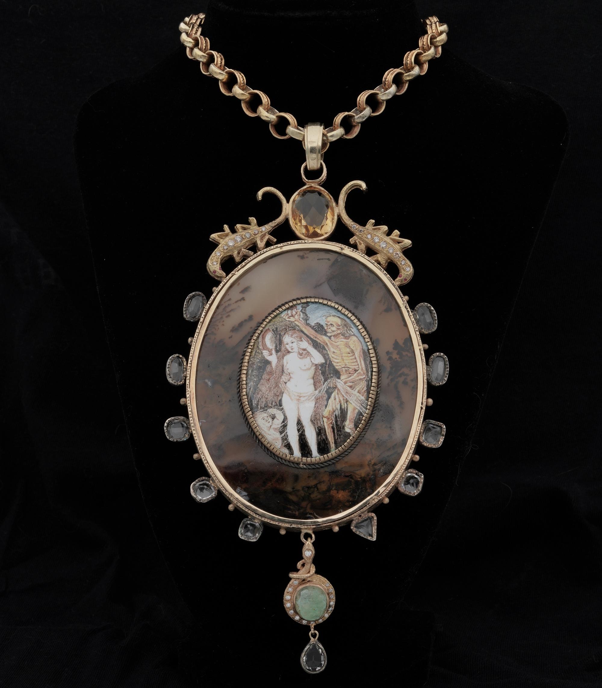 Attilio Codognato

Large double face Memento Mori Medallion with matched chain
Hand crafted of solid 14 Kt and silver depicting two Memento Mori enamelled scenes embellished by Rock Crystal Diamonds Citrine and Dendritic Agate and Carnelian
One side