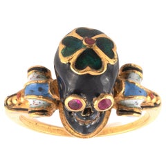 Vintage Attilio Codognato Renaissance Revival Enamel Ruby Gold Skull Ring