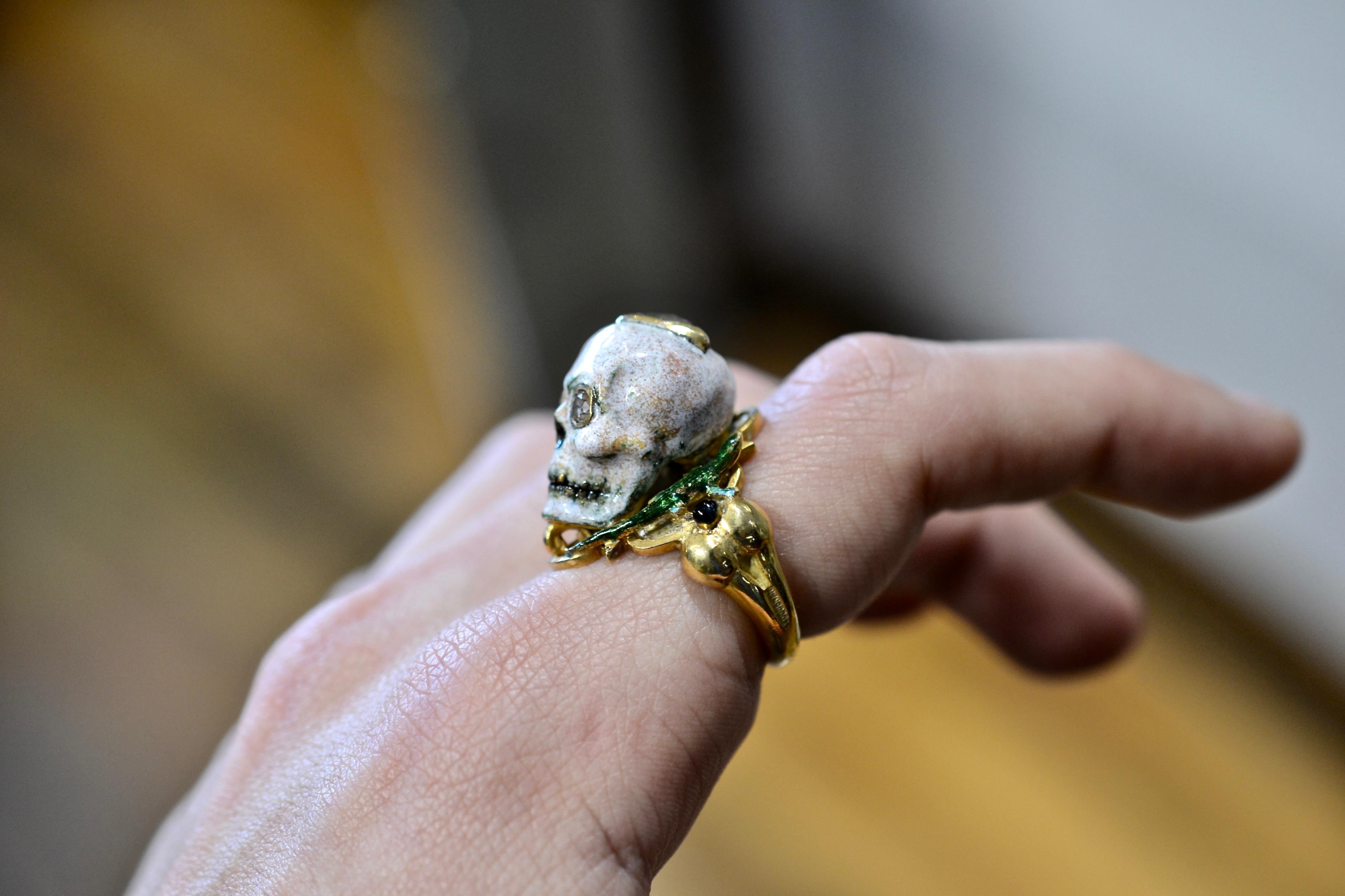 Contemporary Attilio Codognato Renaissance Style Enamel Diamond Gold Skull Lizard Ring