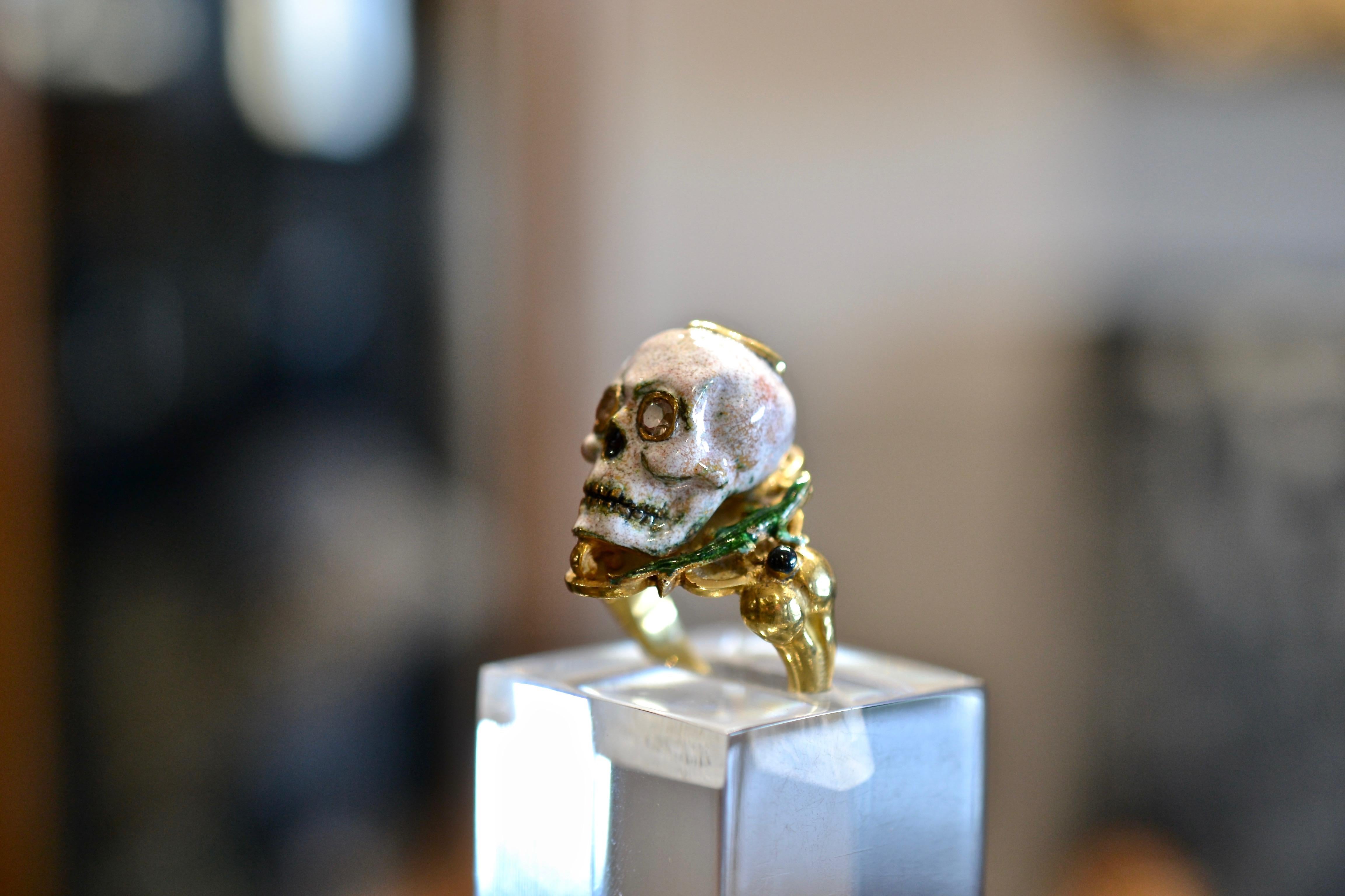 Brilliant Cut Attilio Codognato Renaissance Style Enamel Diamond Gold Skull Lizard Ring