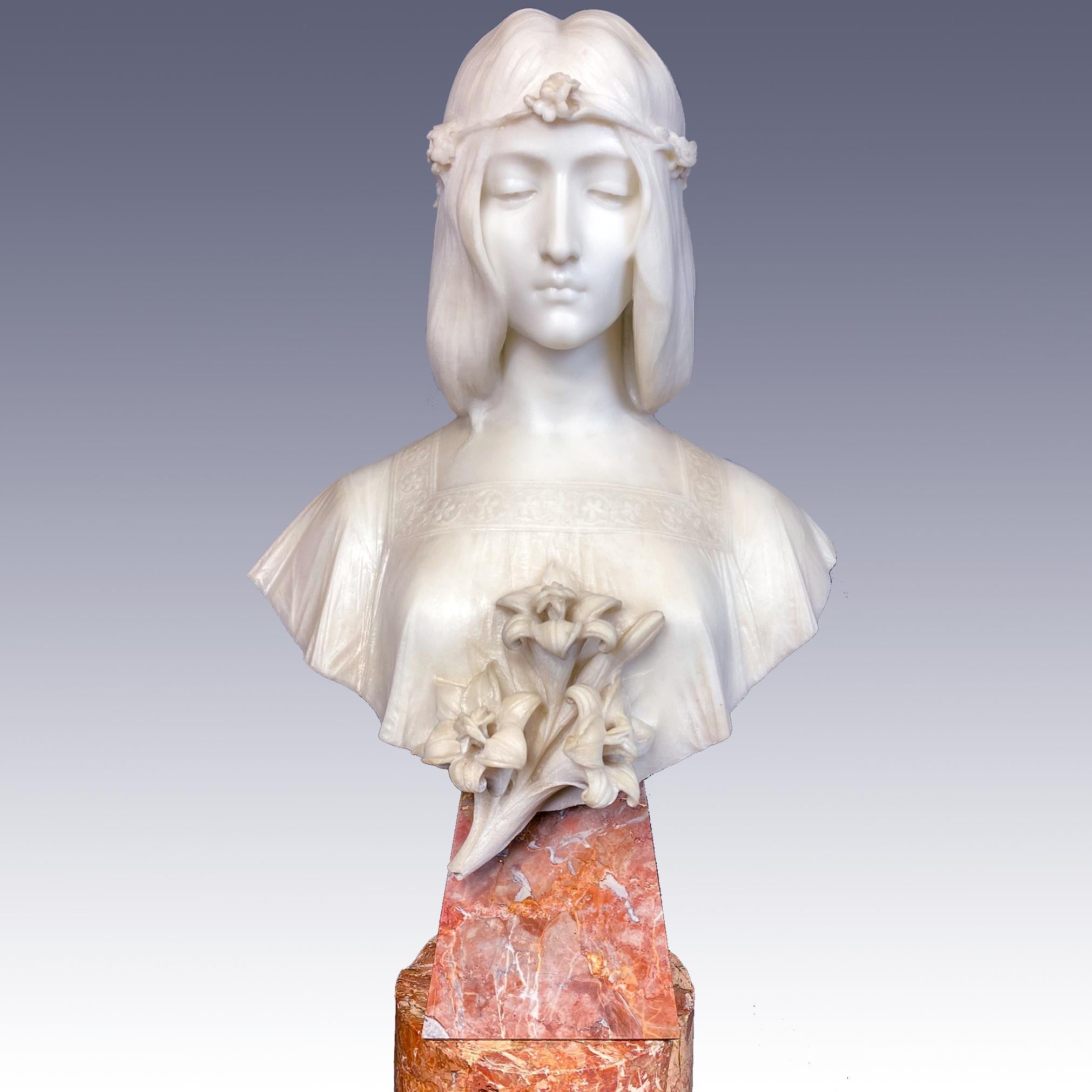 Attilio Fagioli Figurative Sculpture - Fine Female White Marble Bust with Lilies 
