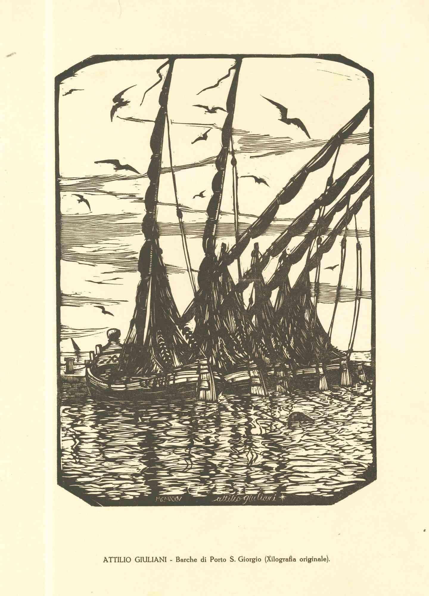 Boats  - Original Woodcut by Attilio Giuliani - 1924