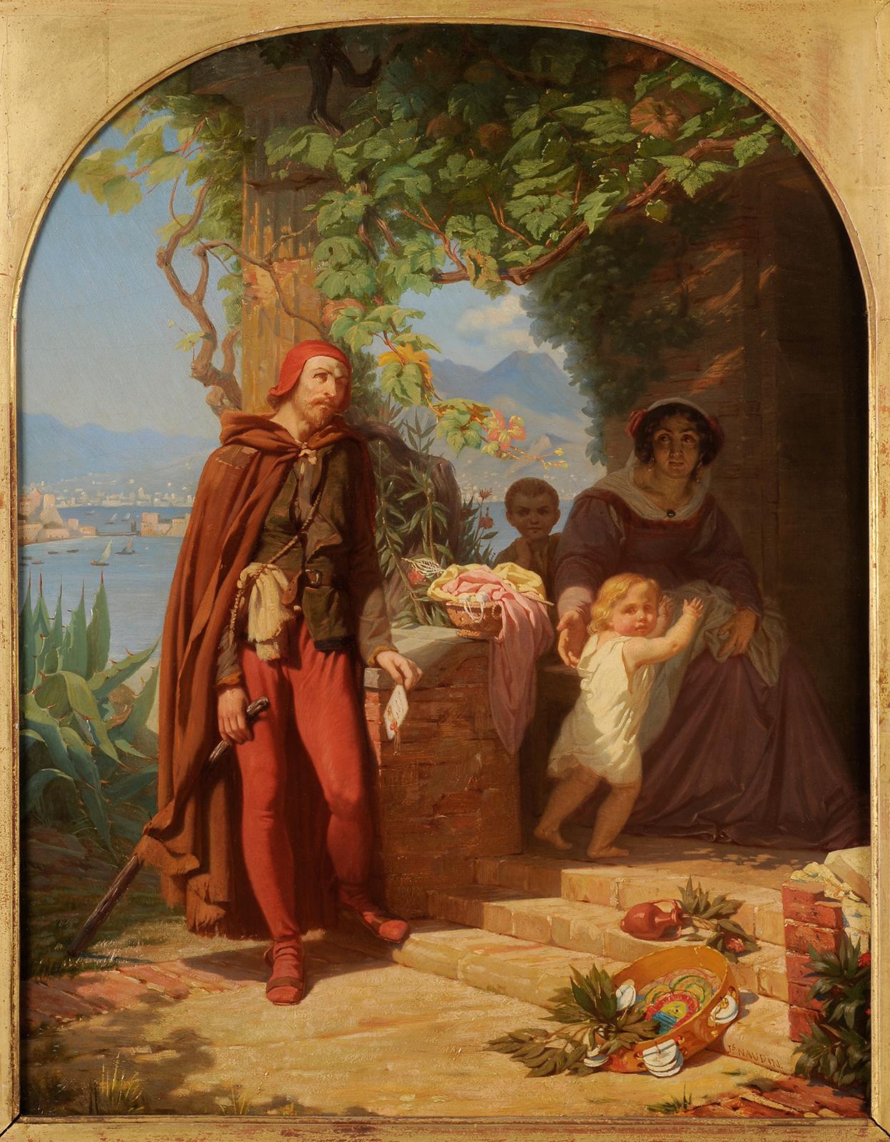 Jules Naudin (1817-c.1876) - Tasso arriving at his sister's house in Sorrento - Painting by Attilio Manganaro