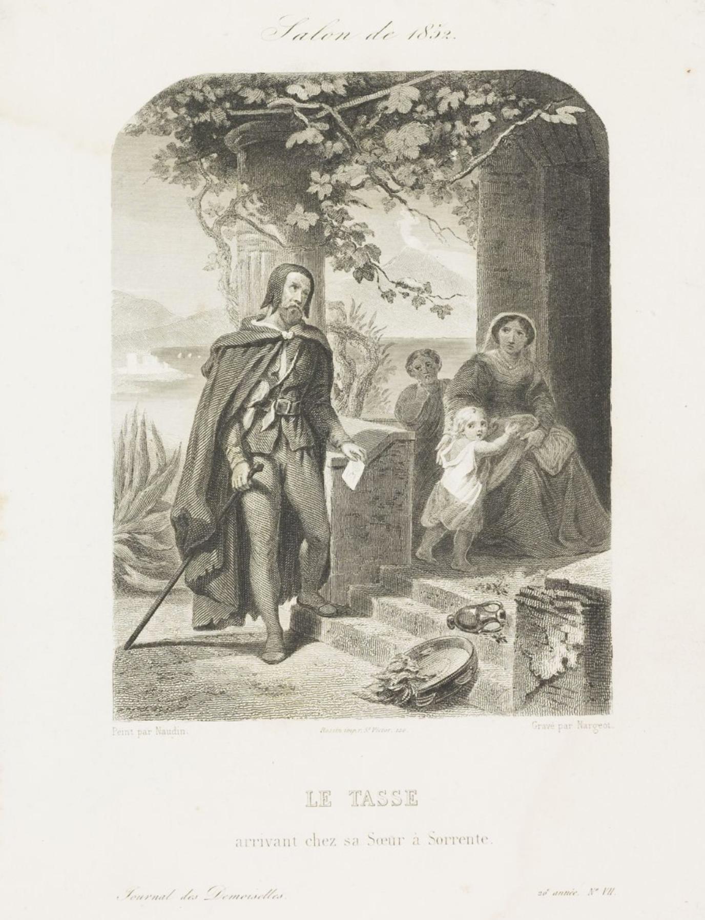 Jules Ambroise Francois NAUDIN
(Paris 1817 – c.1876)
Tasso arriving at his sister's house in Sorrento
Oil on canvas
H. 49 cm; L. 37.5 cm
Signed lower right

Exhibition: 1852, Paris Salon, under number 959

Related work: Engraving by Jean-Denis