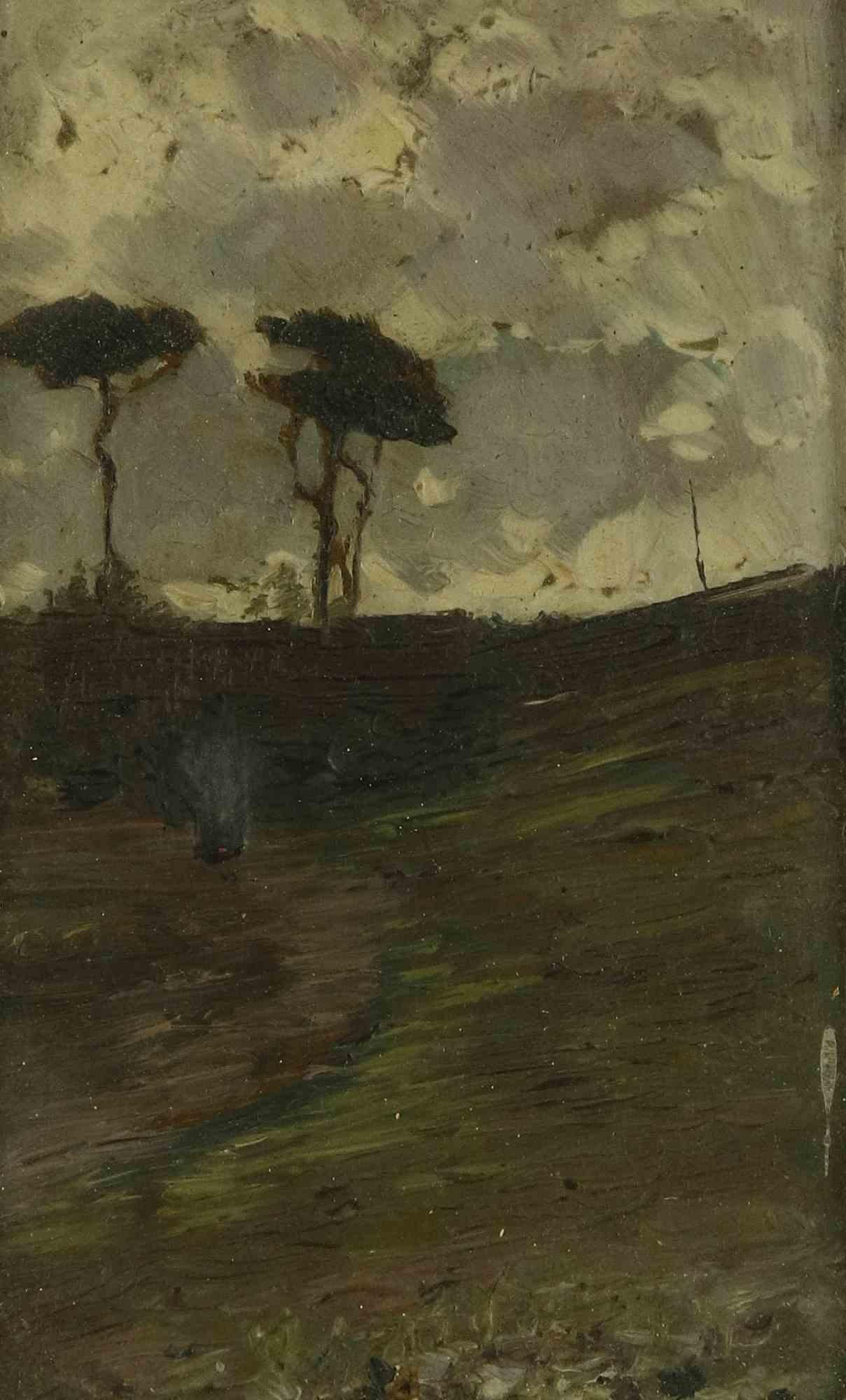 Landscape is an original modern artwork realized by Attilio Pratella in the early 20th Century.

Oil painting on board.

Includes frame.

Handwritten notes on the back

Good conditions