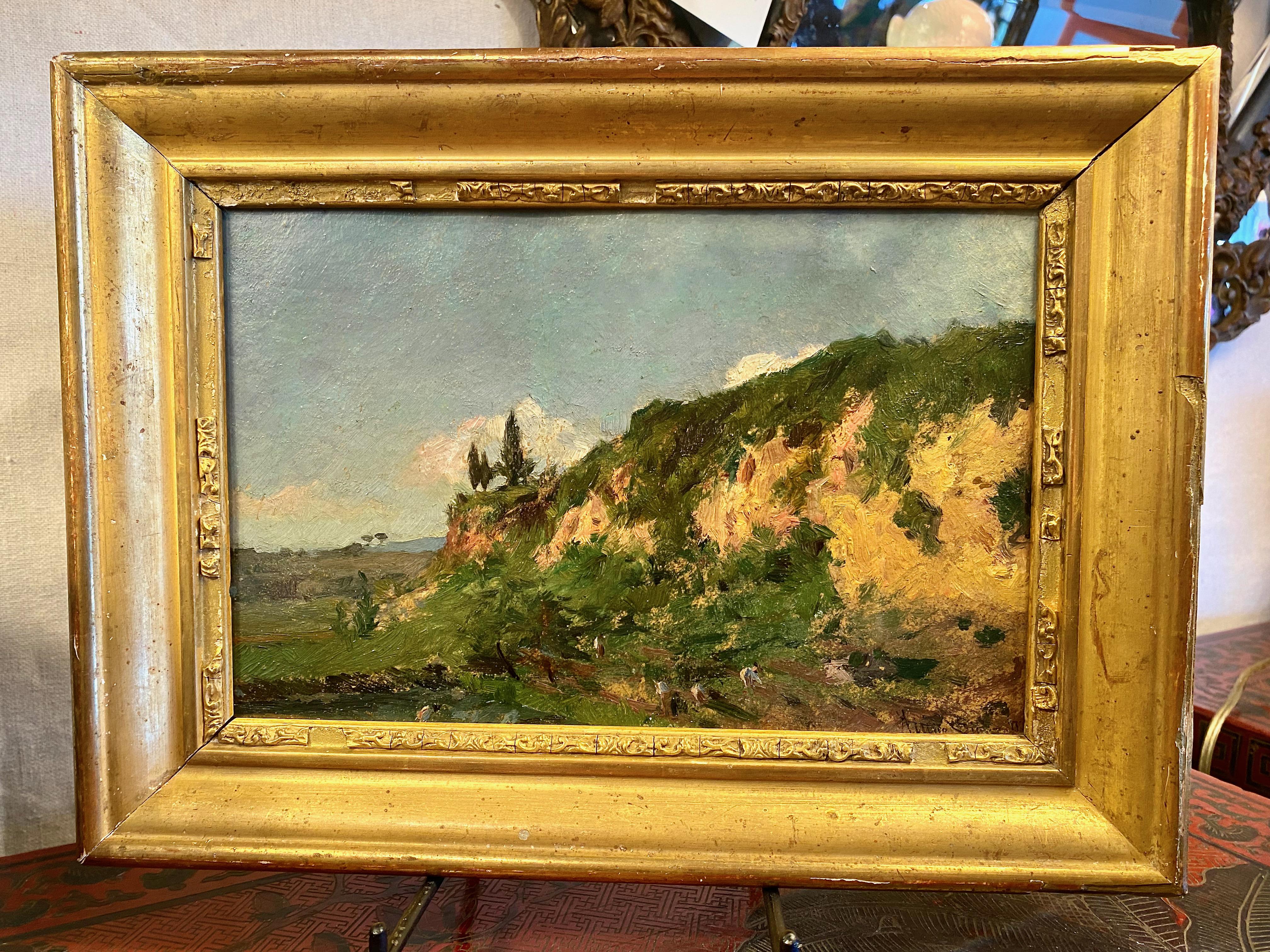 Dies ist ein charmantes Pleinair-Gemälde des italienischen Künstlers Attilio Simonetti (1843-1925) aus dem späten 19. oder frühen 20. Das Gemälde ist al dorso 