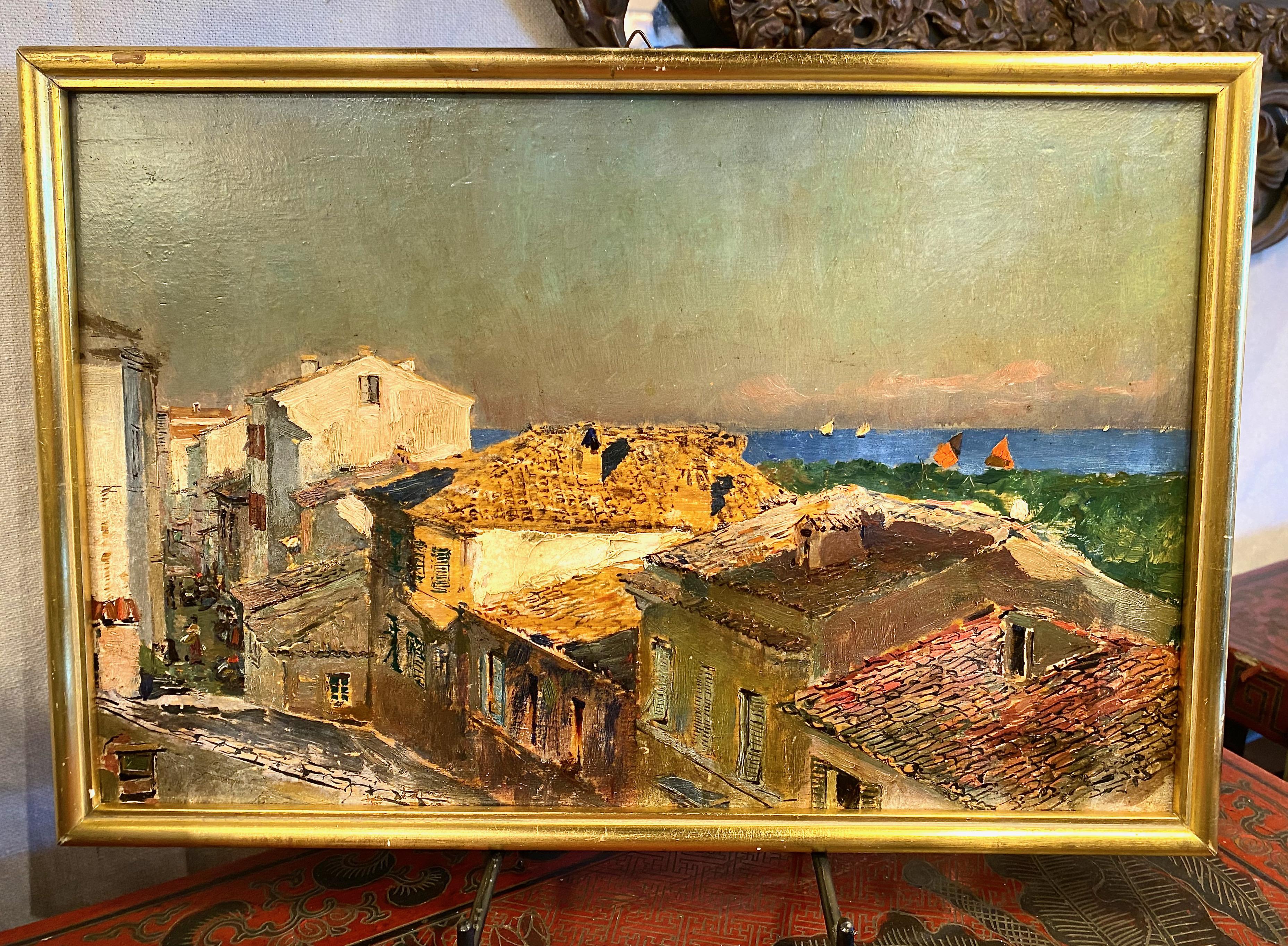 Dies ist ein charmantes Pleinairbild des italienischen Künstlers Attilio Simonetti (1843-1925) aus dem späten 19. oder frühen 20. Das Gemälde ist al dorso beschriftet 