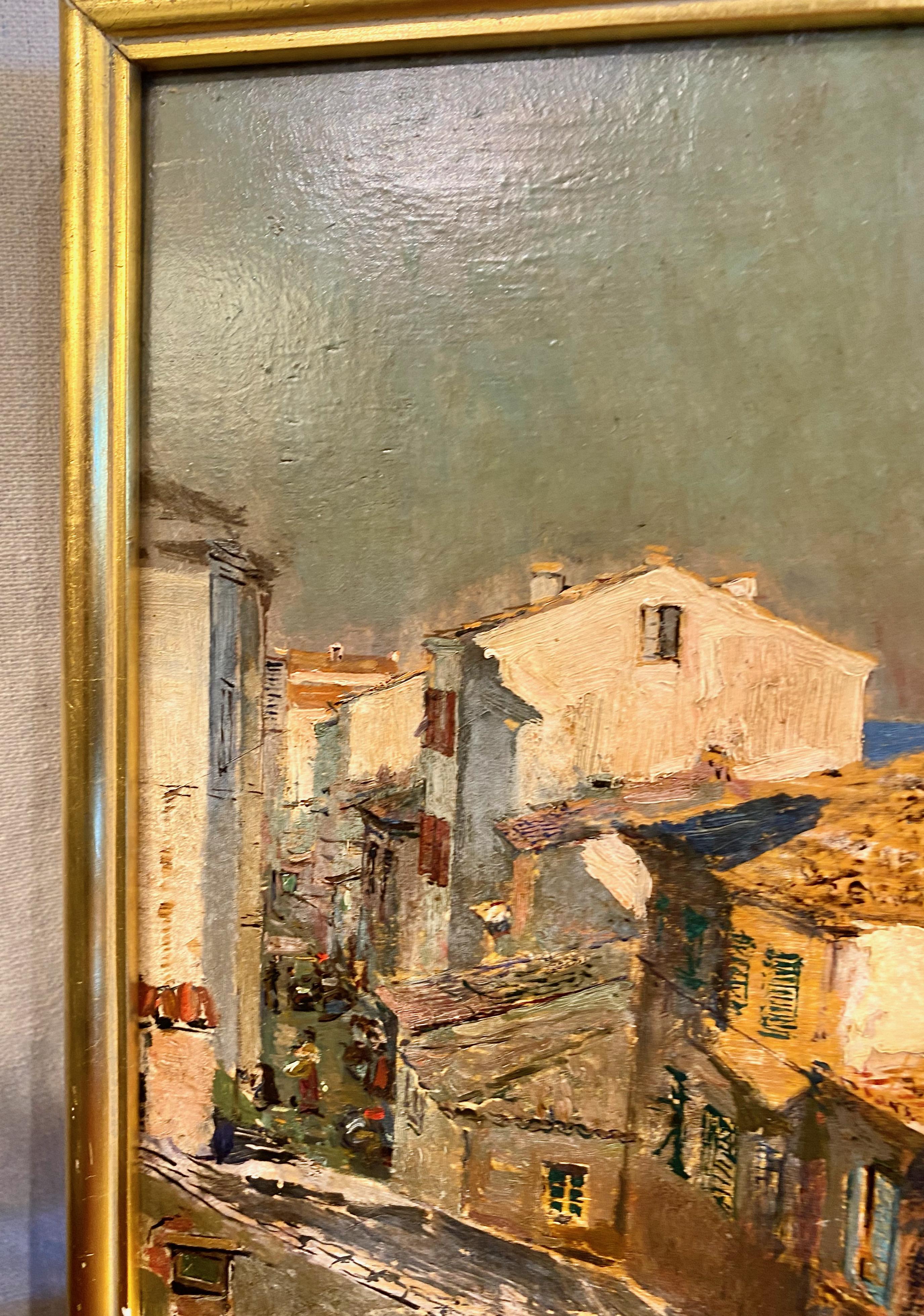 Italian Attilio Simonetti Village Scene, Oil On Panel For Sale