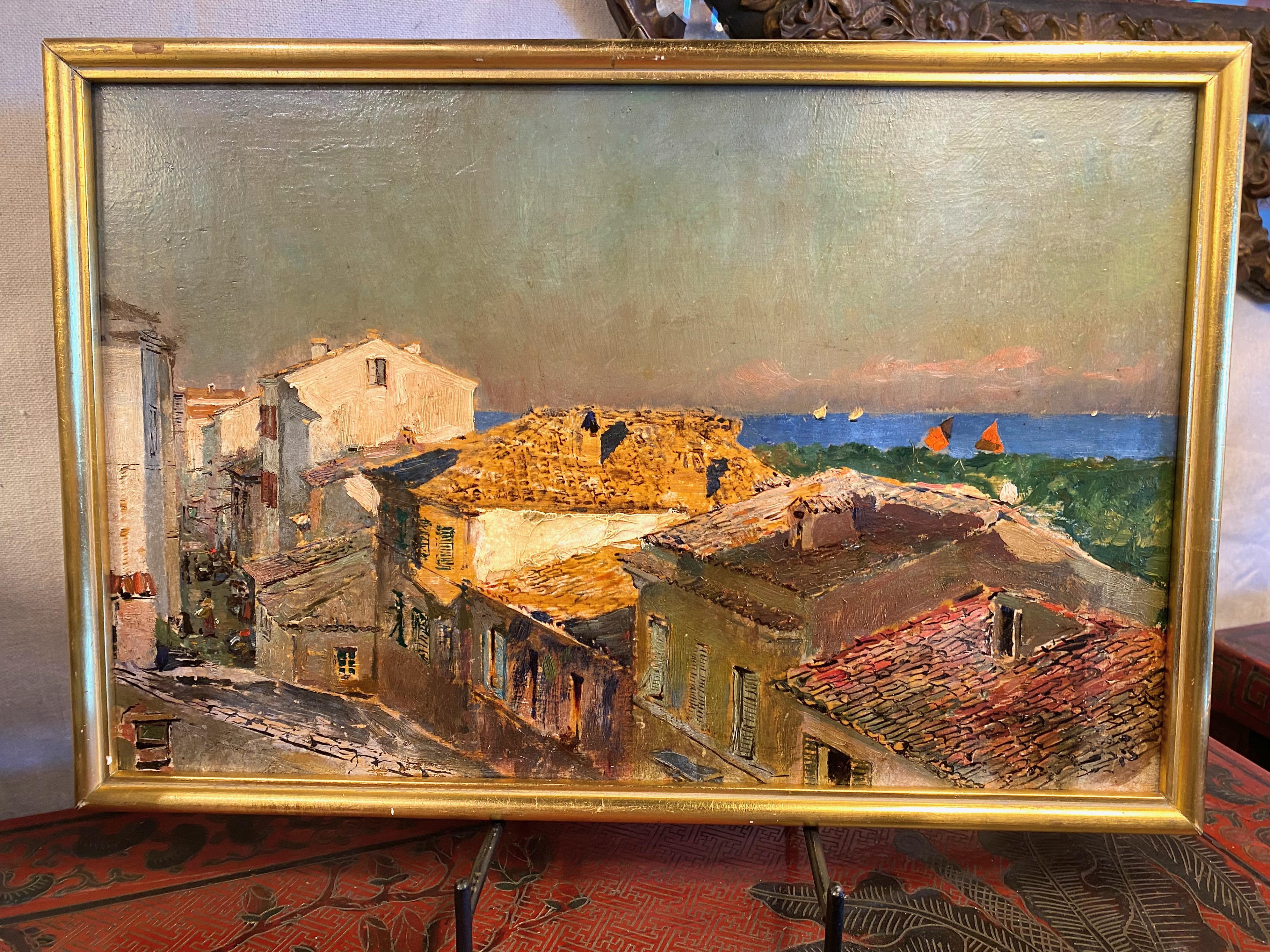 Hand-Painted Attilio Simonetti Village Scene, Oil On Panel For Sale
