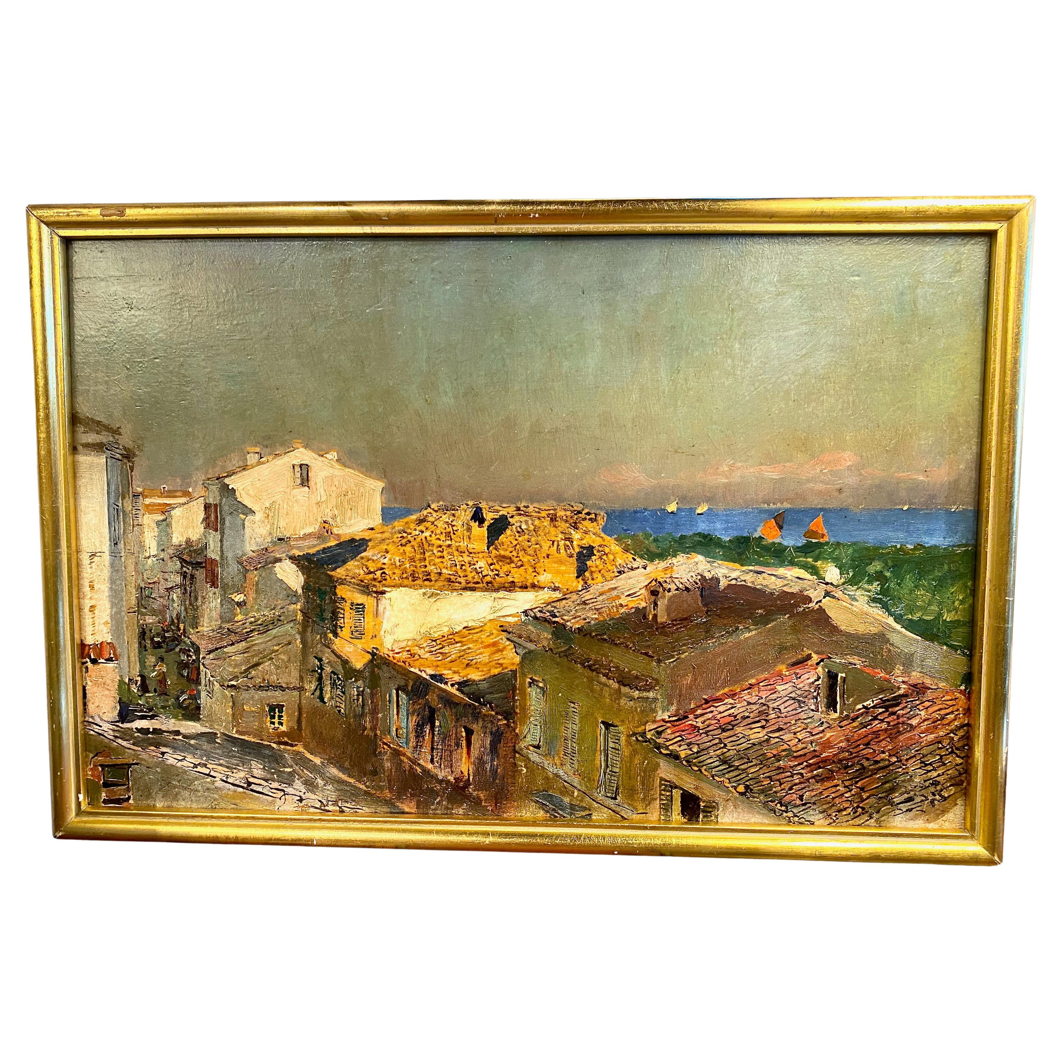 Attilio Simonetti Scena di villaggio, Olio su pannello