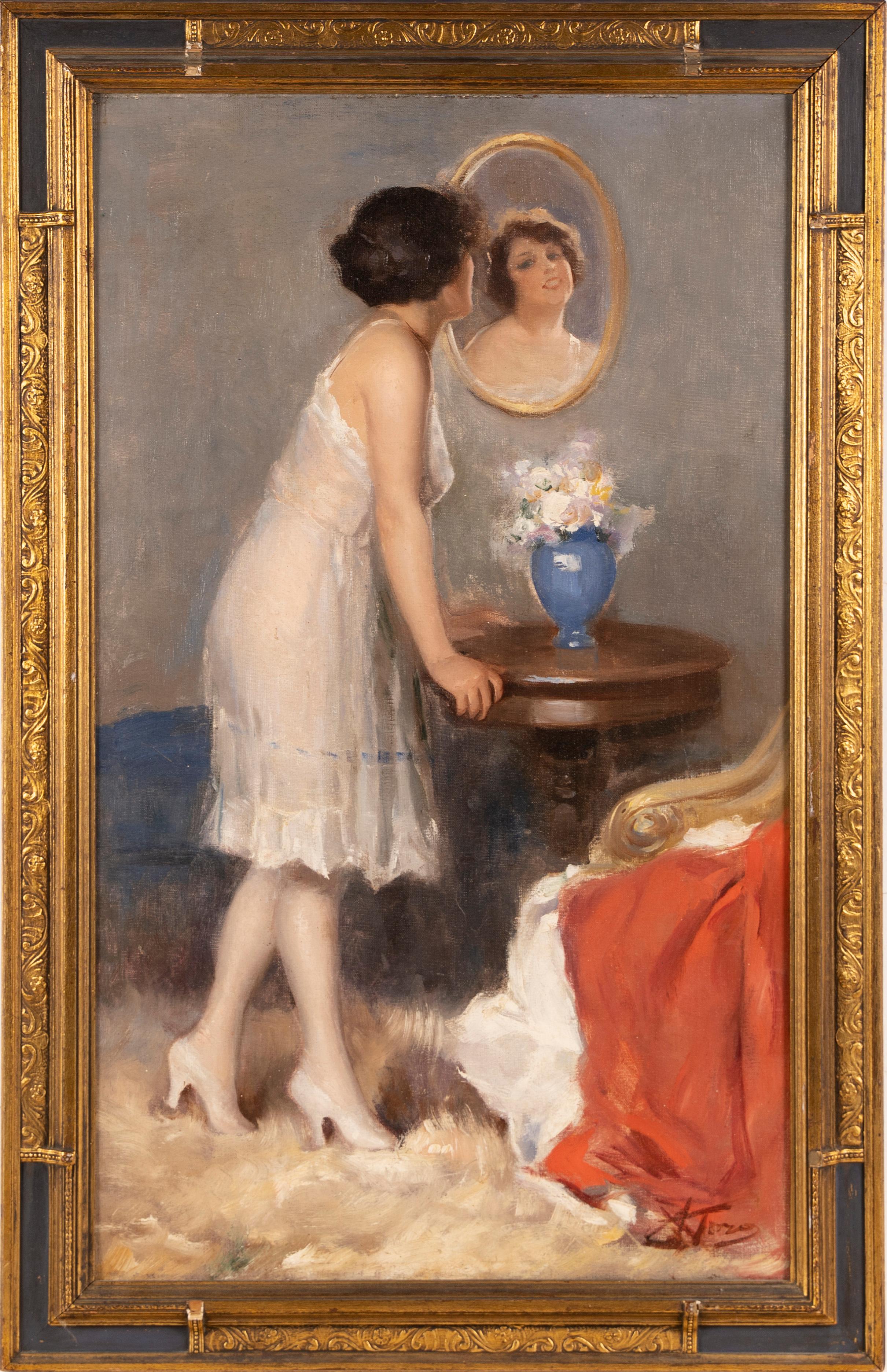 Attilio Toro (1892 - 1982)  Nude Painting - Antique Italian Impressionist Young Woman Interior Scene Signed Oil Painting