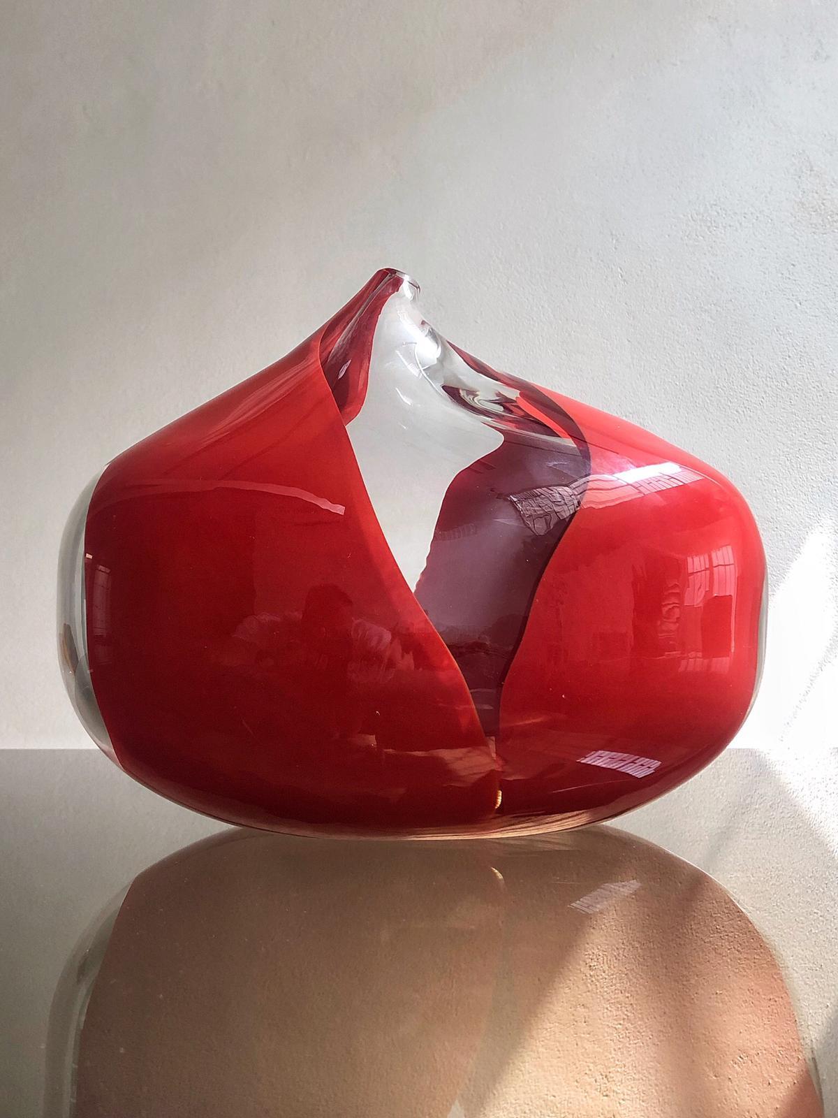 Italian Attimo Hand Blown Murano Glass Red Vase designed by Hannes Peer, Ermes Glass For Sale