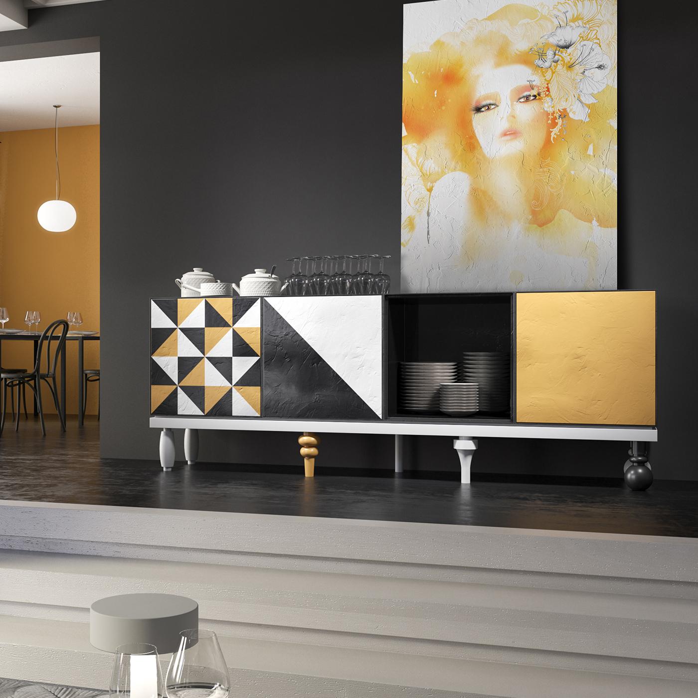 Striking and whimsical, this sideboard is an eye-catching addition to a modern interior, where it will equip a room with generous storage space, while also enriching it with geometric decorative patterns in ochre, black, and white. This piece is
