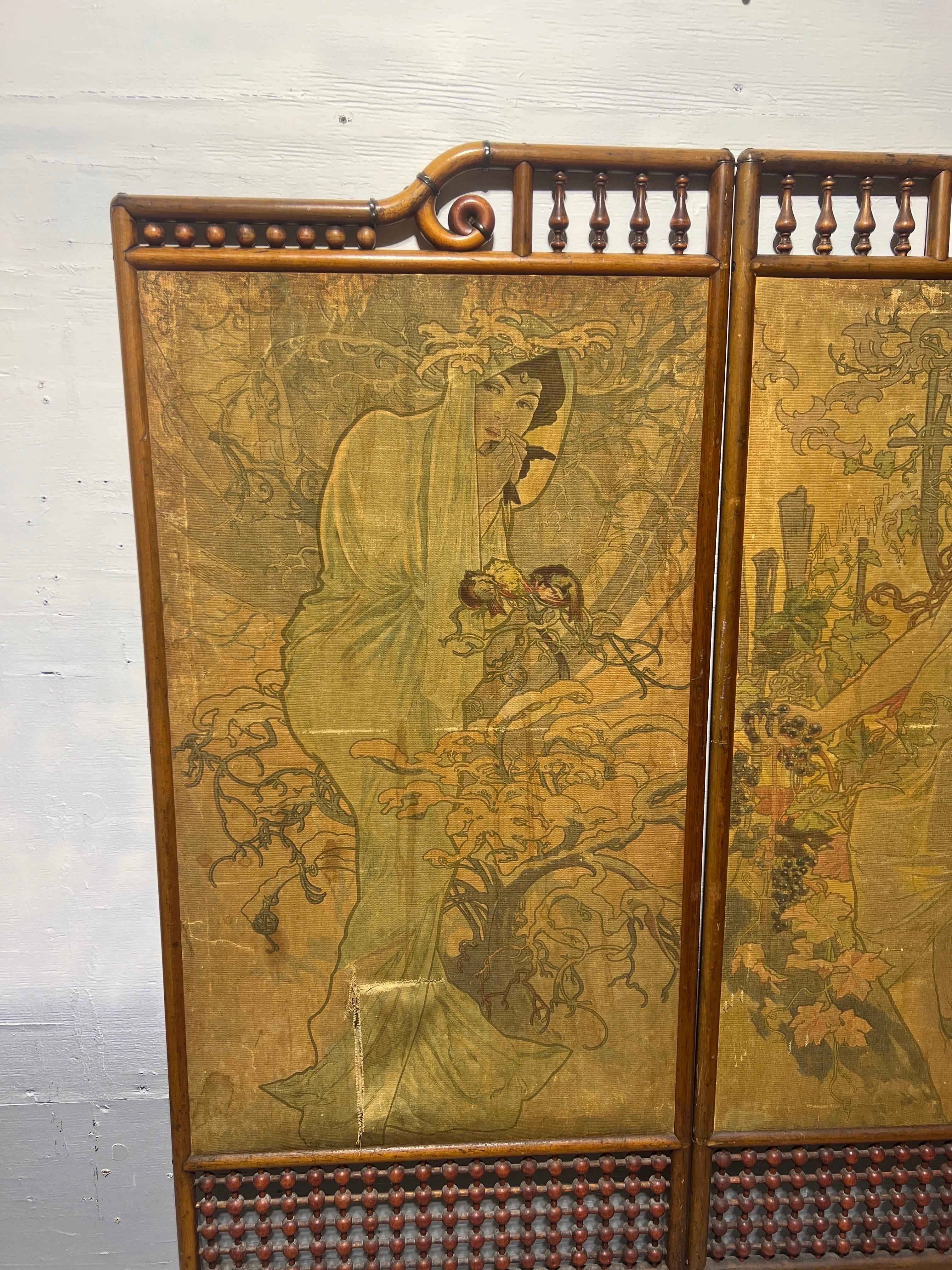 Attr Alphonse Mucha (Czech, 1860-1939), Art Nouveau “Four Seasons” Floor Screen In Fair Condition For Sale In Atlanta, GA
