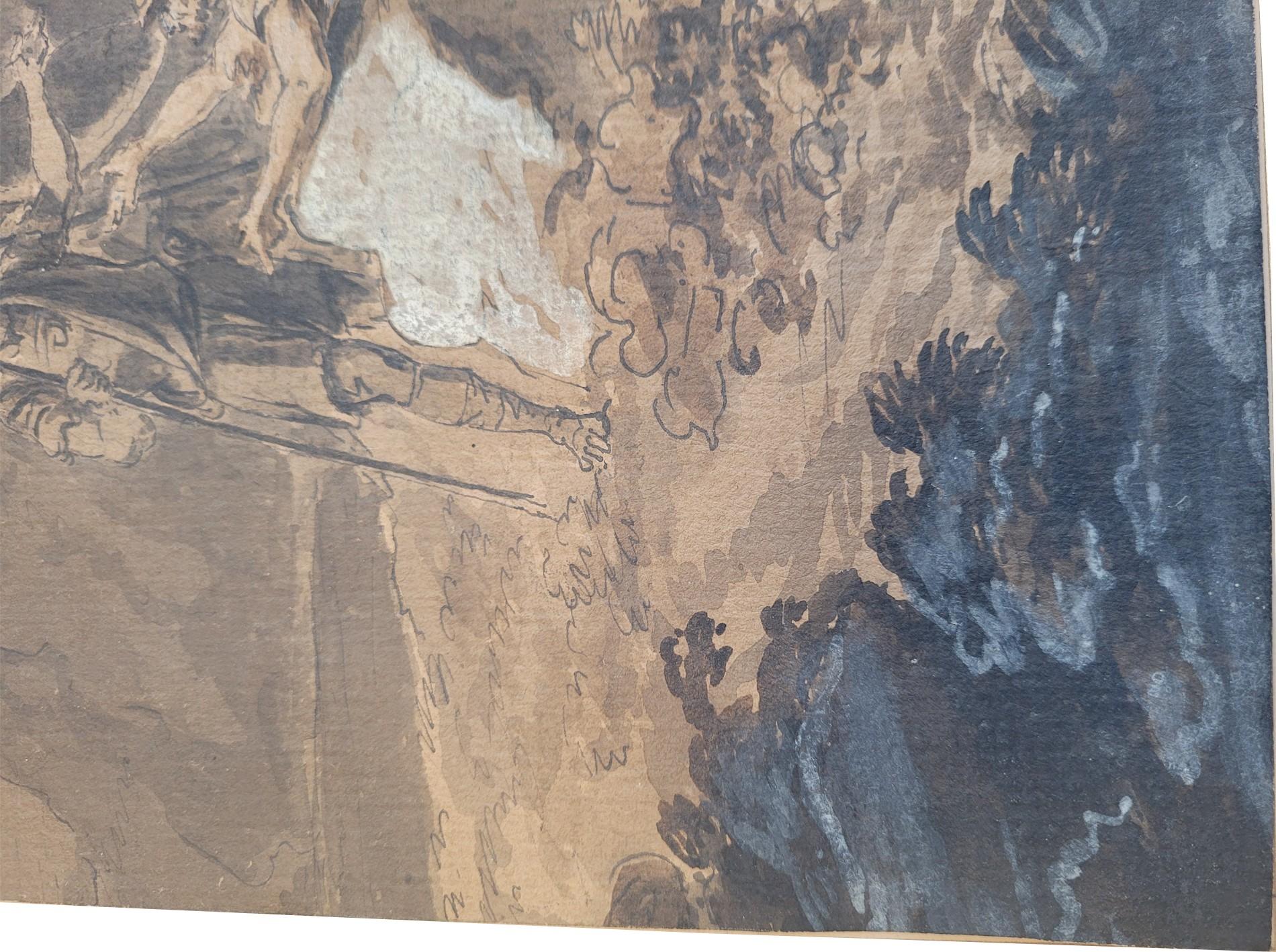 Von römischen Soldaten in Rüstung belebte Felslandschaft: lavierte Federzeichnung, Gouache oder Aquarell, in einem vergoldeten Holzrahmen aus der Zeit Ludwigs XVI.

Zeichnung, die Jean Antoine Constantin, genannt Constantin d'Aix, zugeschrieben