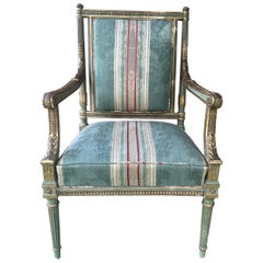 Attr: Georges Jacob (francese, 1739-1814), Poltrona in legno dorato intagliato e policromo
