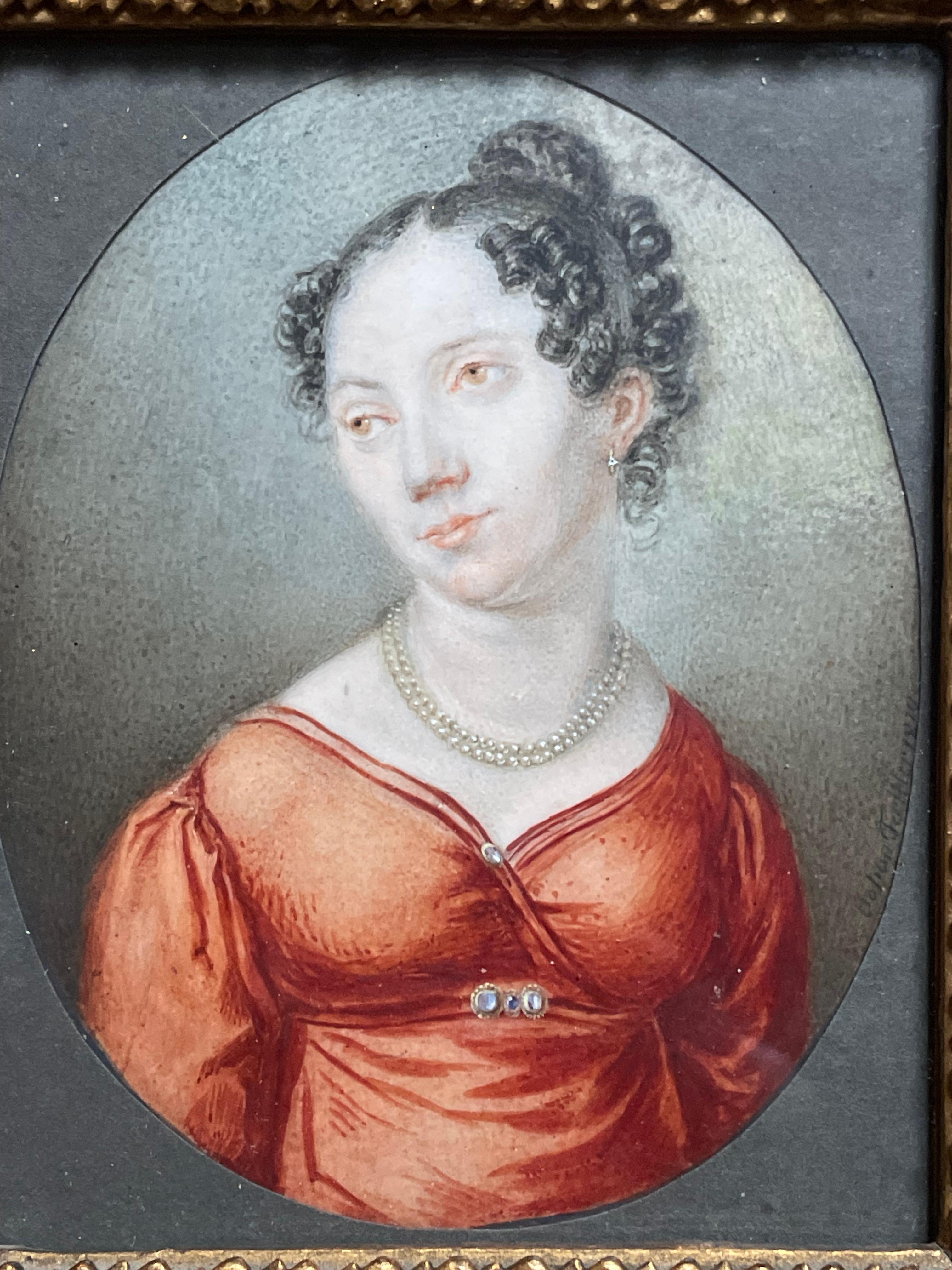 Porträt einer Frau in rotem Kleid (Braun), Portrait Painting, von Attr Johann Gottfried  (XIX Century)