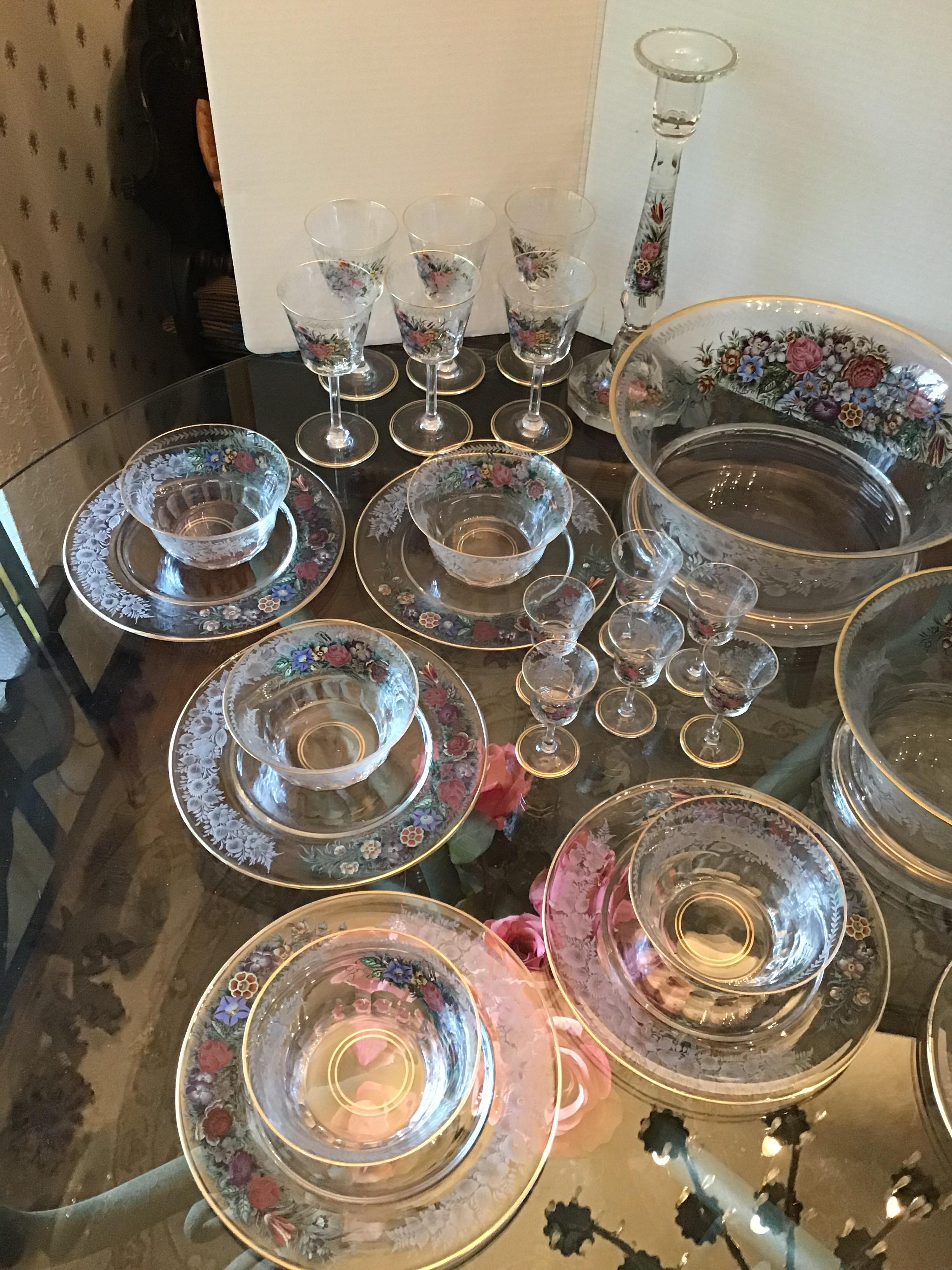 Lobmeyr Moser Austrian Enameled Etched Flower Garden Luncheon 34pc Set In Good Condition For Sale In Tulsa, OK