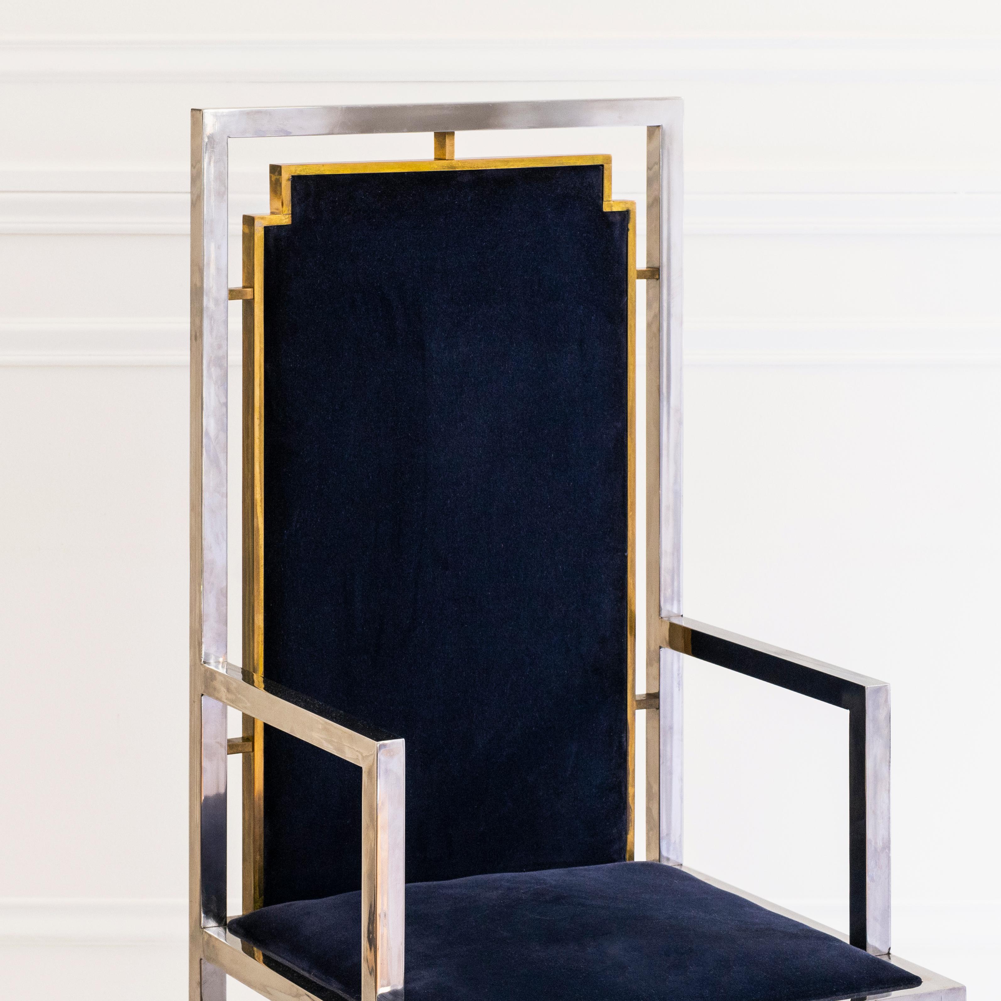 Silla Trono Roméo Rega Attr Respaldo Alto, Plata y Terciopelo Azul 1970 Diseño Italiano Dorado en venta