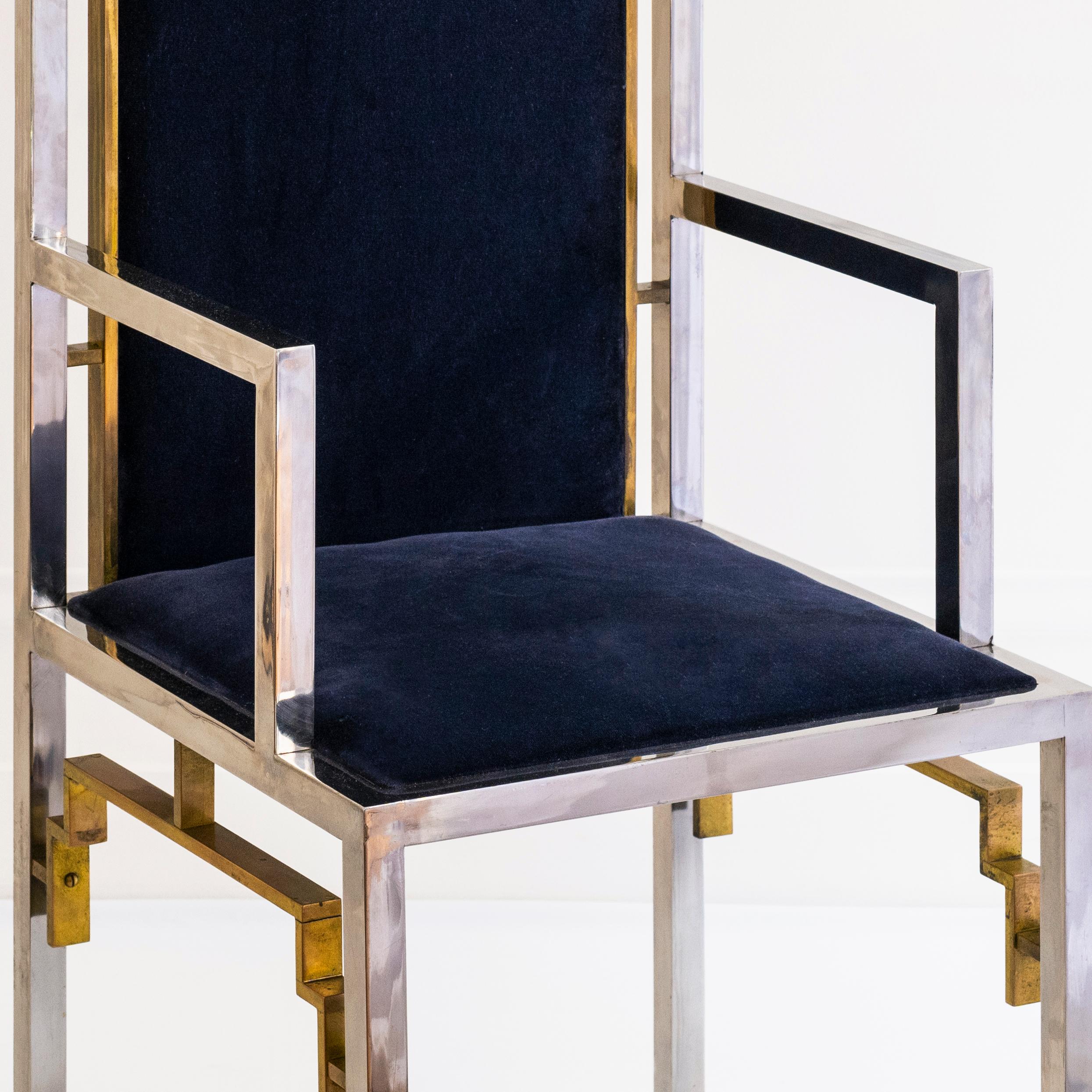 Silla Trono Roméo Rega Attr Respaldo Alto, Plata y Terciopelo Azul 1970 Diseño Italiano en Bueno estado para la venta en London, GB