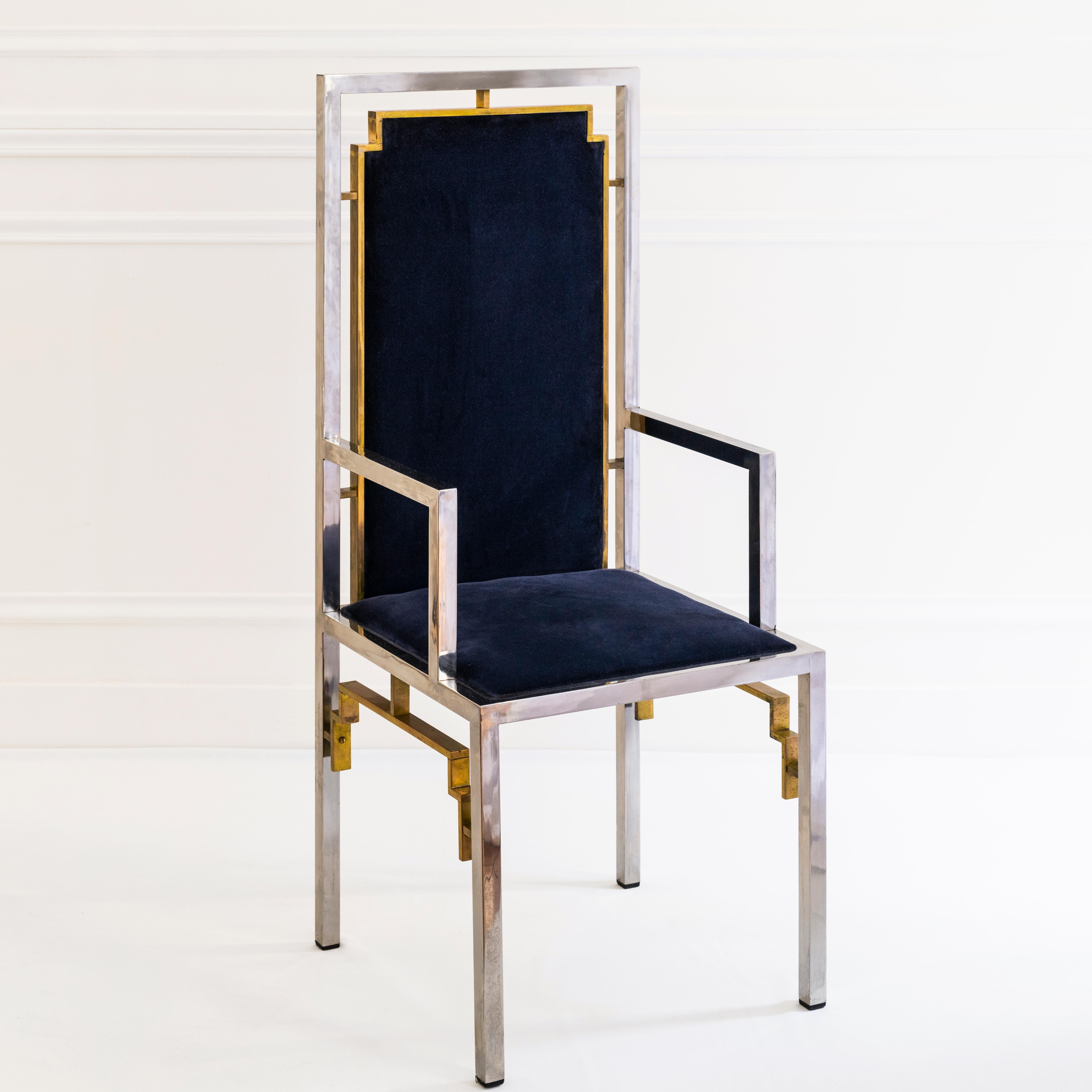 Silla Trono Roméo Rega Attr Respaldo Alto, Plata y Terciopelo Azul 1970 Diseño Italiano Metal en venta