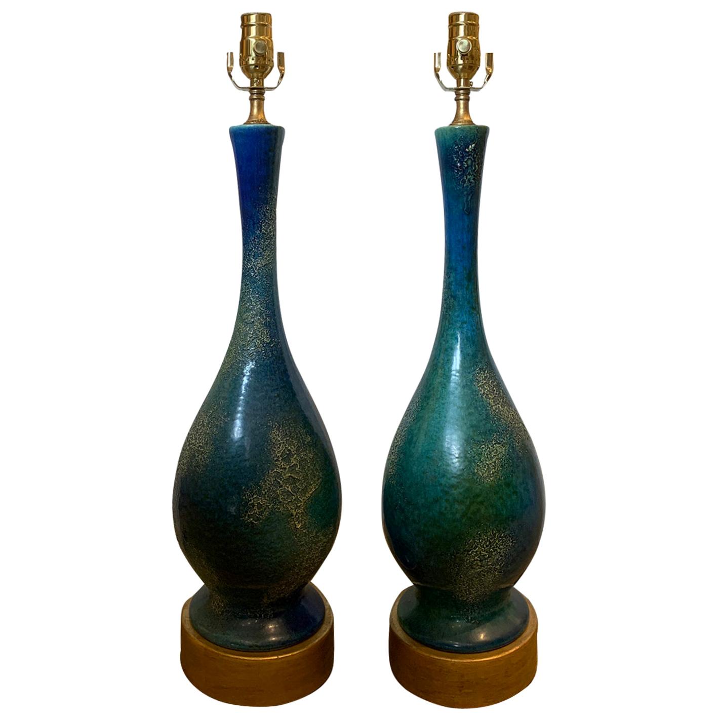 Pair of Mid-20th Century American Turquoise Glazed Royal Haeger Pottery Lamps