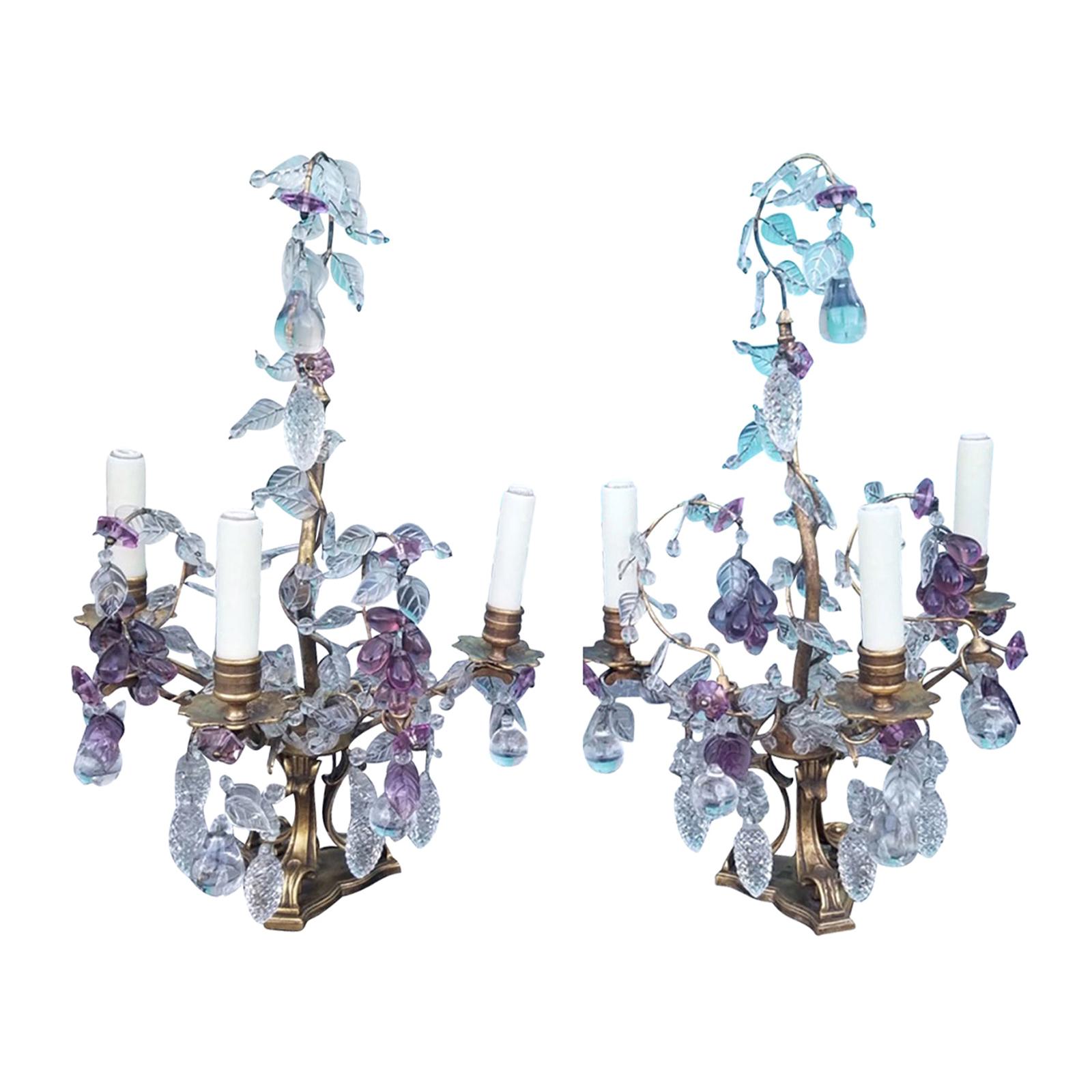 Maison Baguès Attributed Pair of Bronze & Crystal Girandole Candelabras W. Brown For Sale