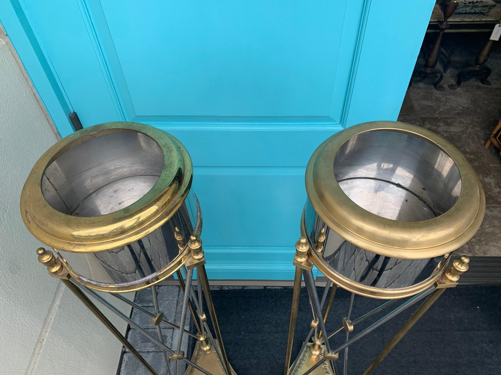 Attributed to Maison Jansen Pair of Steel and Brass Torchères or Plant Stands For Sale 6